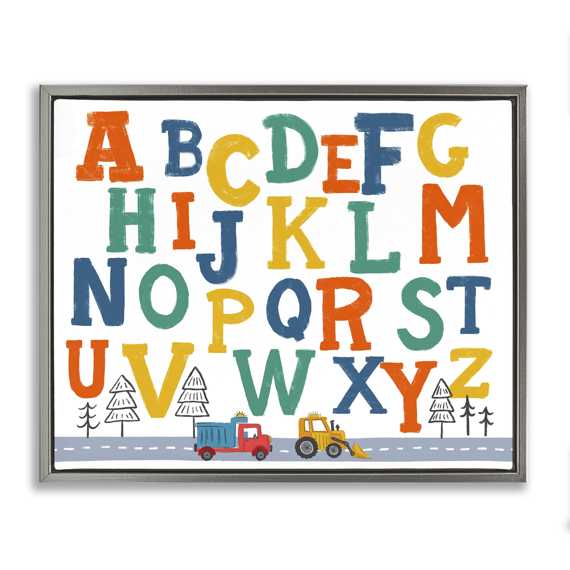 Stupell Industries Alphabet & Construction Trucks Education Painting Gray Floater Framed Canvas Art Print Wall Art, 31 x 25