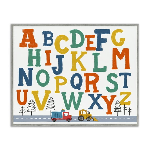 Stupell Industries Alphabet & Construction Trucks Education Painting Gray Framed Art Print Wall Art, 30 x 24