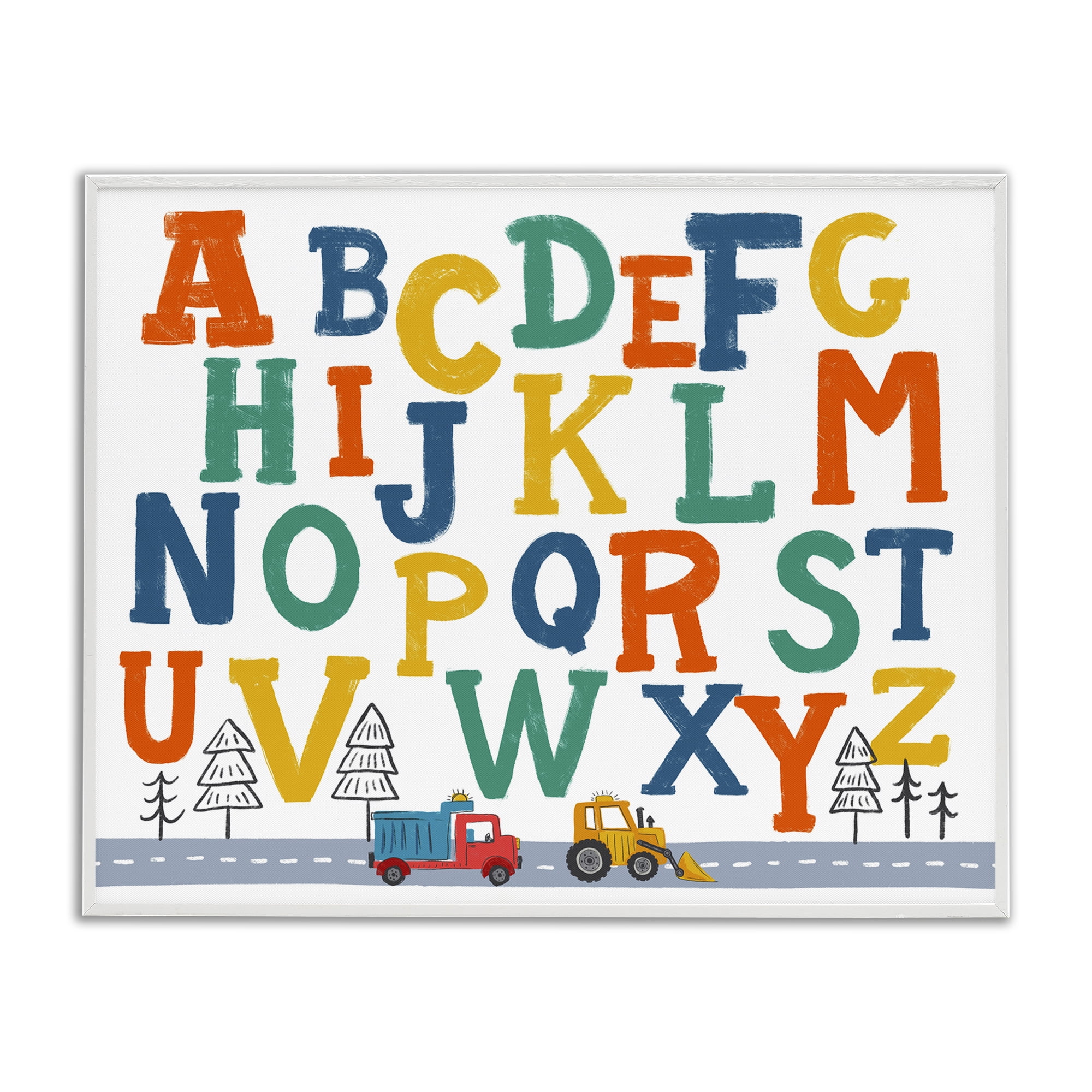 Stupell Industries Alphabet & Construction Trucks Education Painting White Framed Art Print Wall Art, 20 x 16