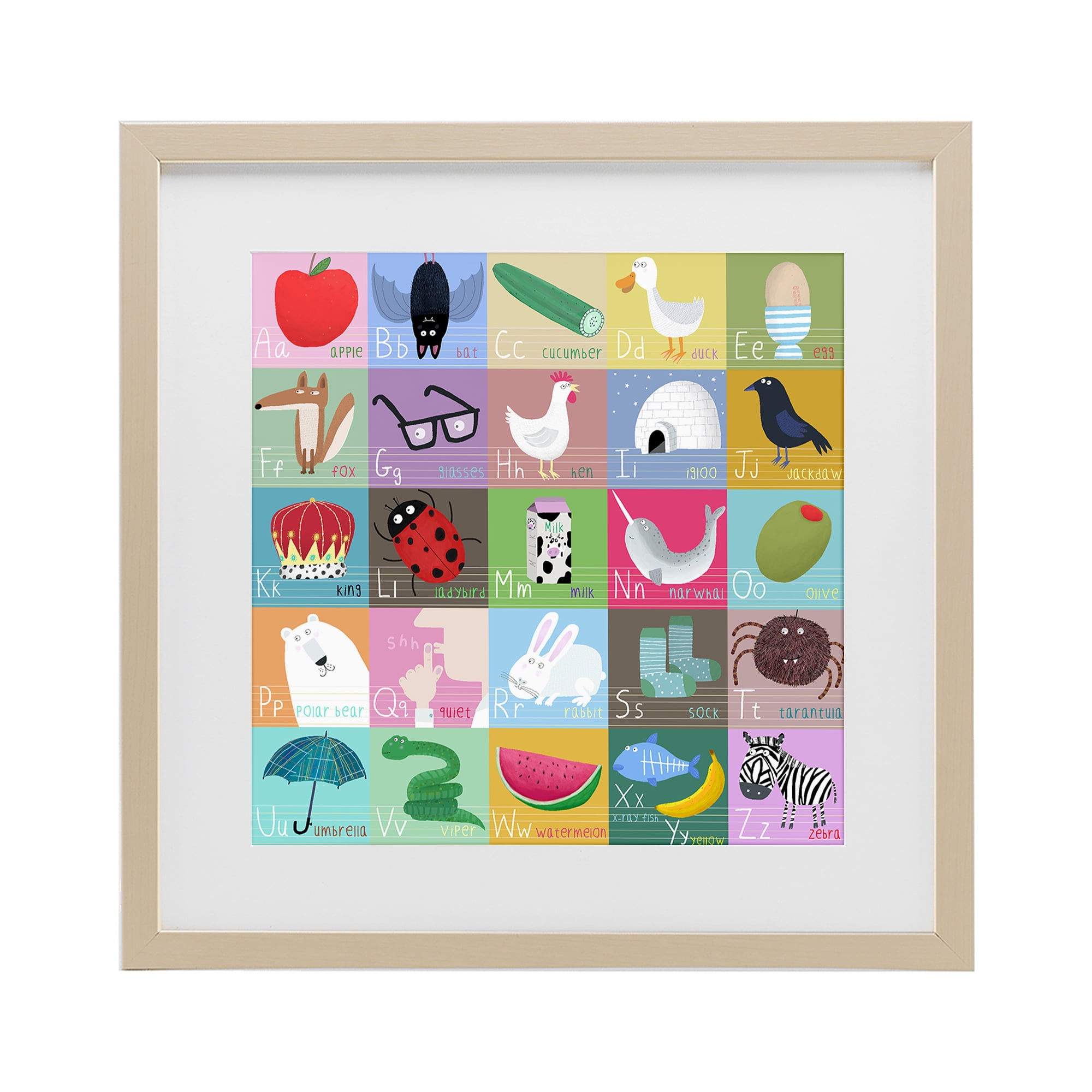 Stupell Industries Alphabet Learning First Words Birch Framed Print Under Glass, design by Carla Daly