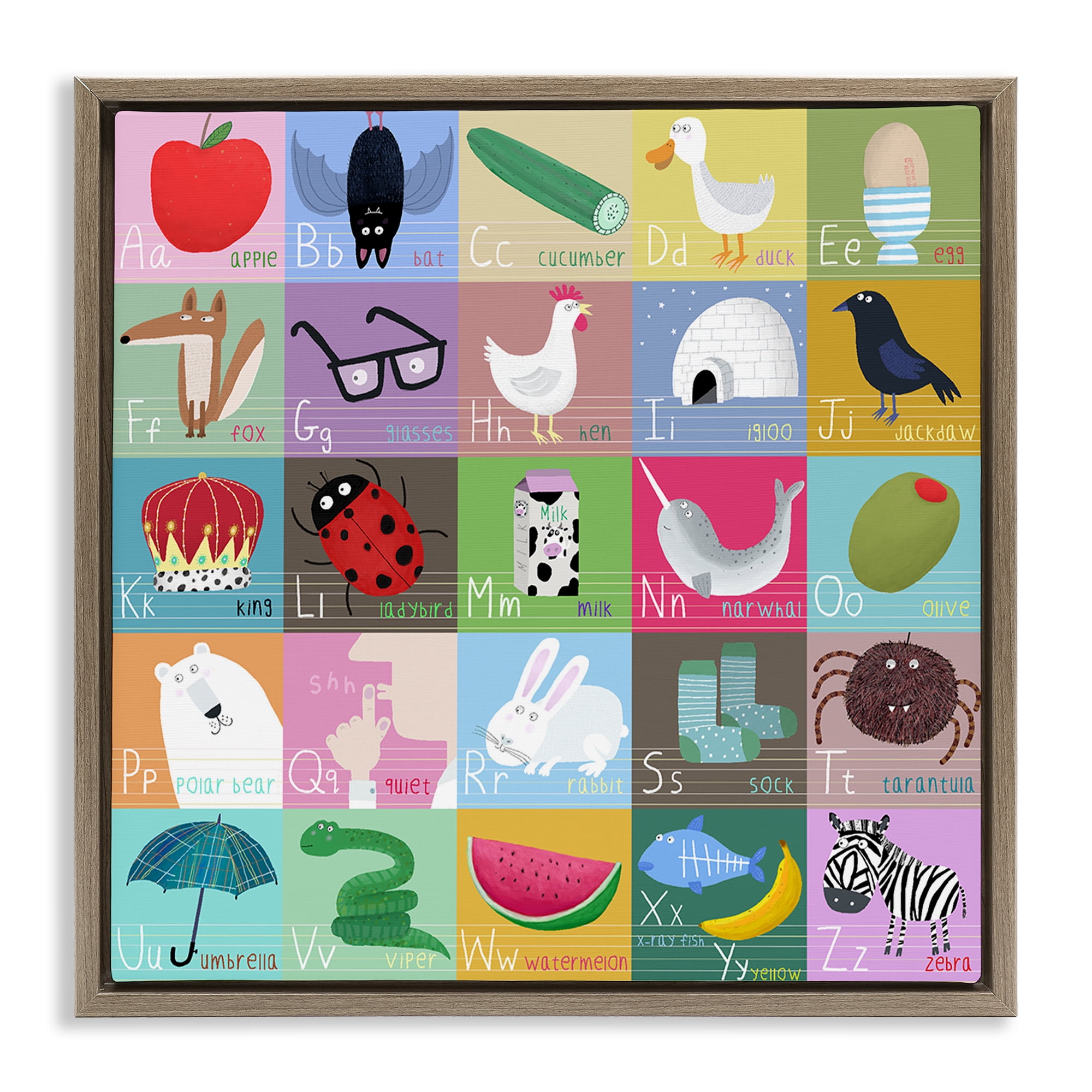 Stupell Industries Alphabet Learning First Words Brown Framed Floater Canvas Wall Art, design by Carla Daly