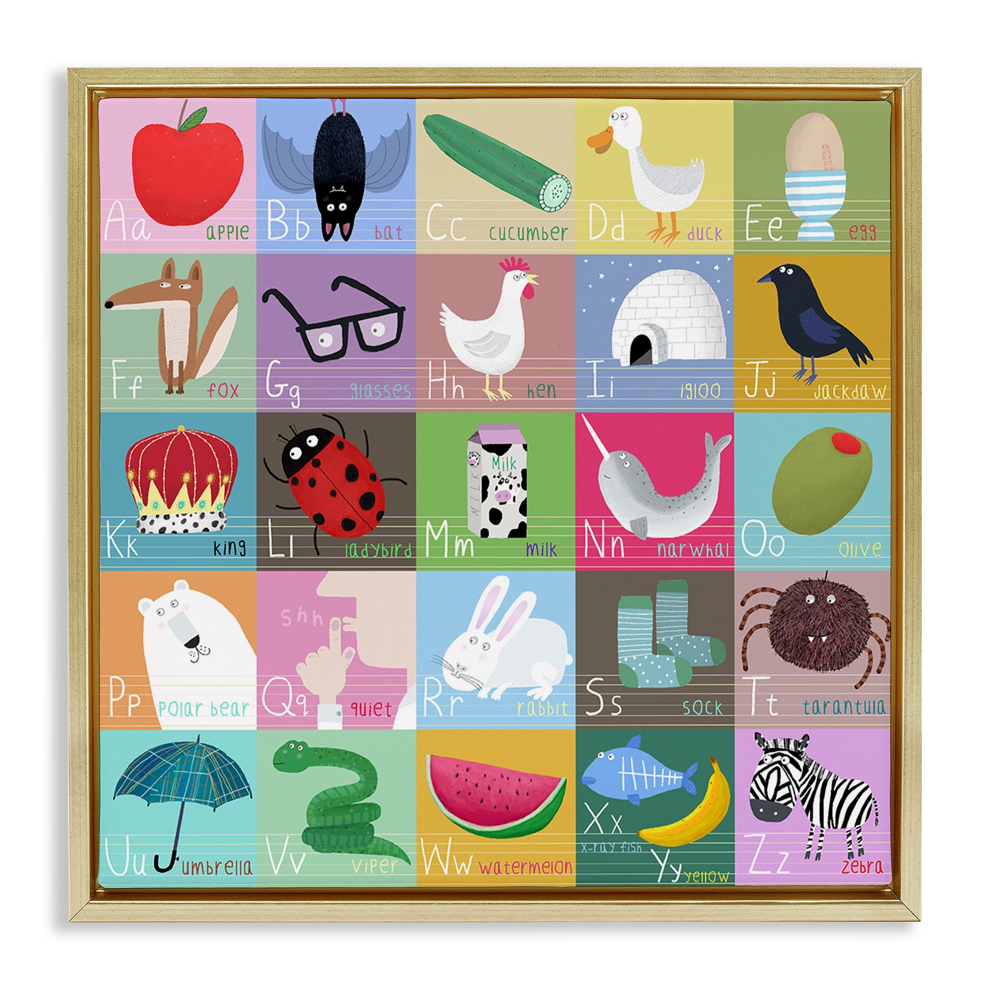 Stupell Industries Alphabet Learning First Words Gold Framed Floater Canvas Wall Art, design by Carla Daly