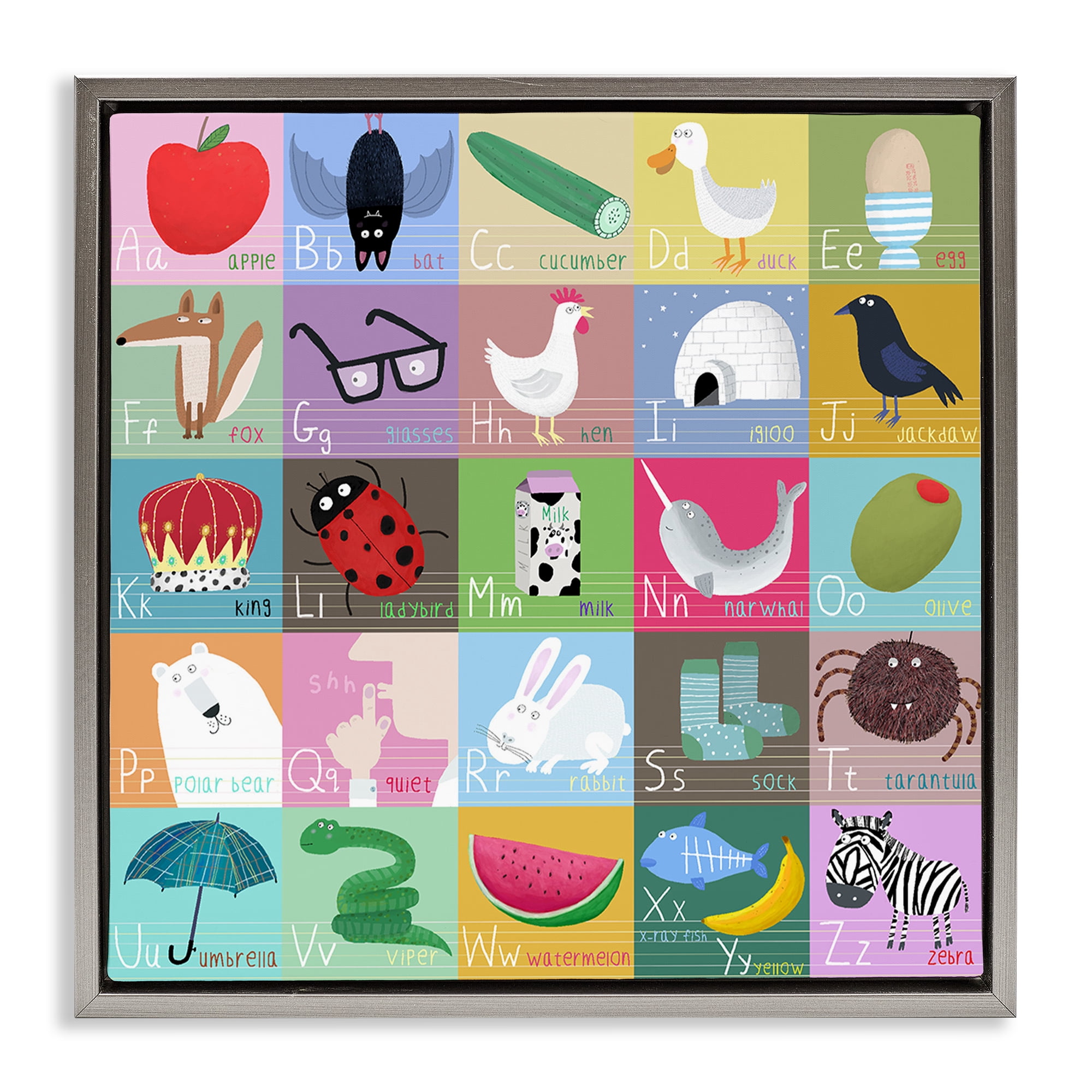 Stupell Industries Alphabet Learning First Words Gray Framed Floater Canvas Wall Art, design by Carla Daly