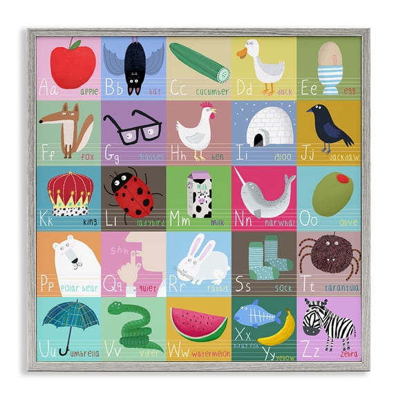 Stupell Industries Alphabet Learning First Words Gray Framed Giclee Art, design by Carla Daly