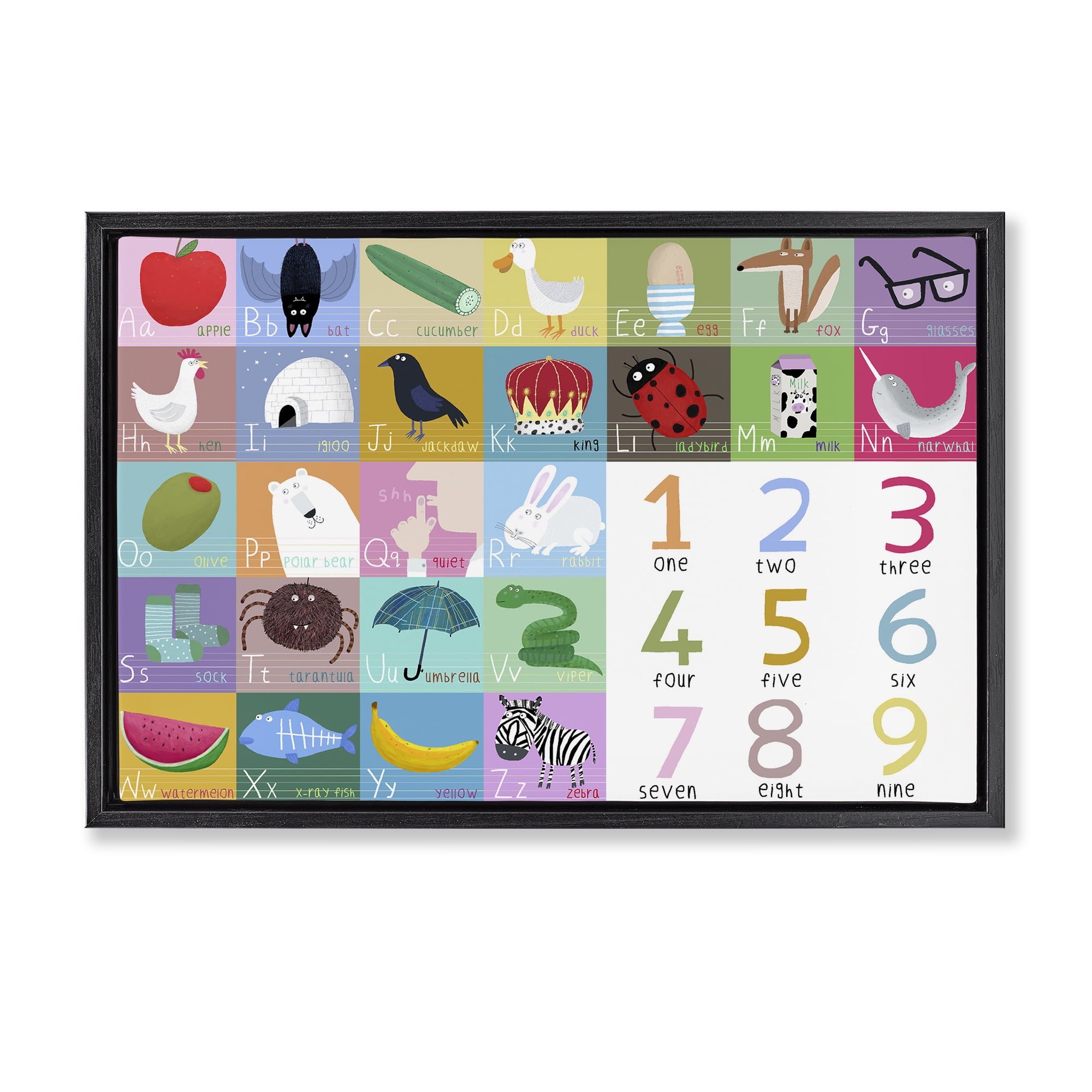 Stupell Industries Alphabet & Numbers First Words Black Framed Floater Canvas Wall Art, design by Carla Daly