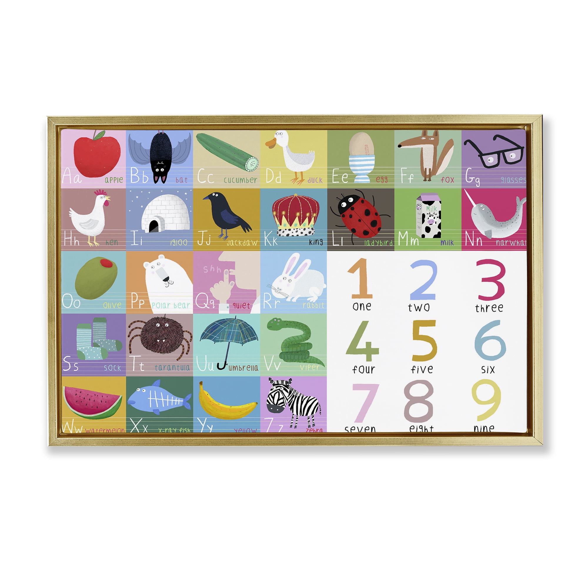 Stupell Industries Alphabet & Numbers First Words Gold Framed Floater Canvas Wall Art, design by Carla Daly