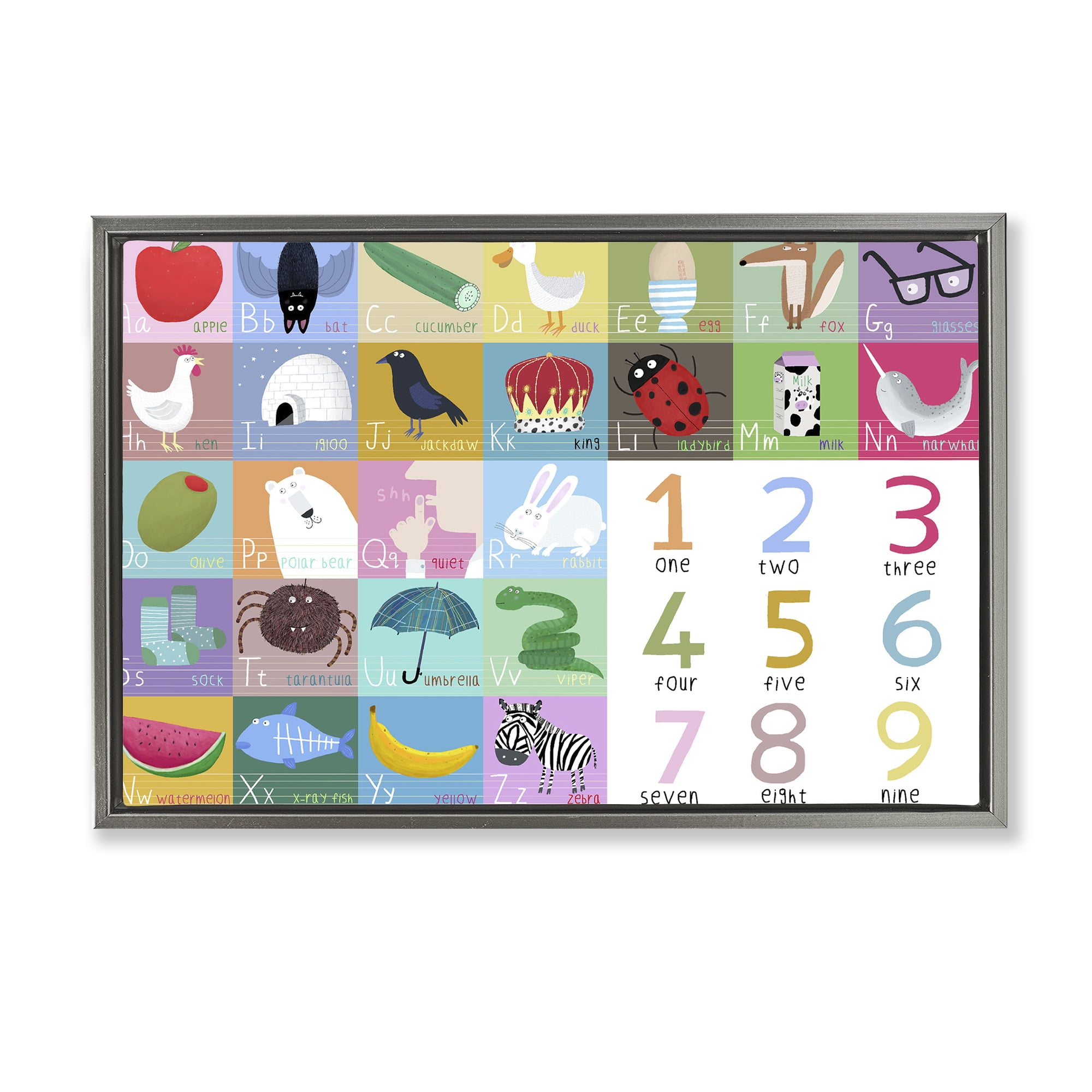 Stupell Industries Alphabet & Numbers First Words Gray Framed Floater Canvas Wall Art, design by Carla Daly