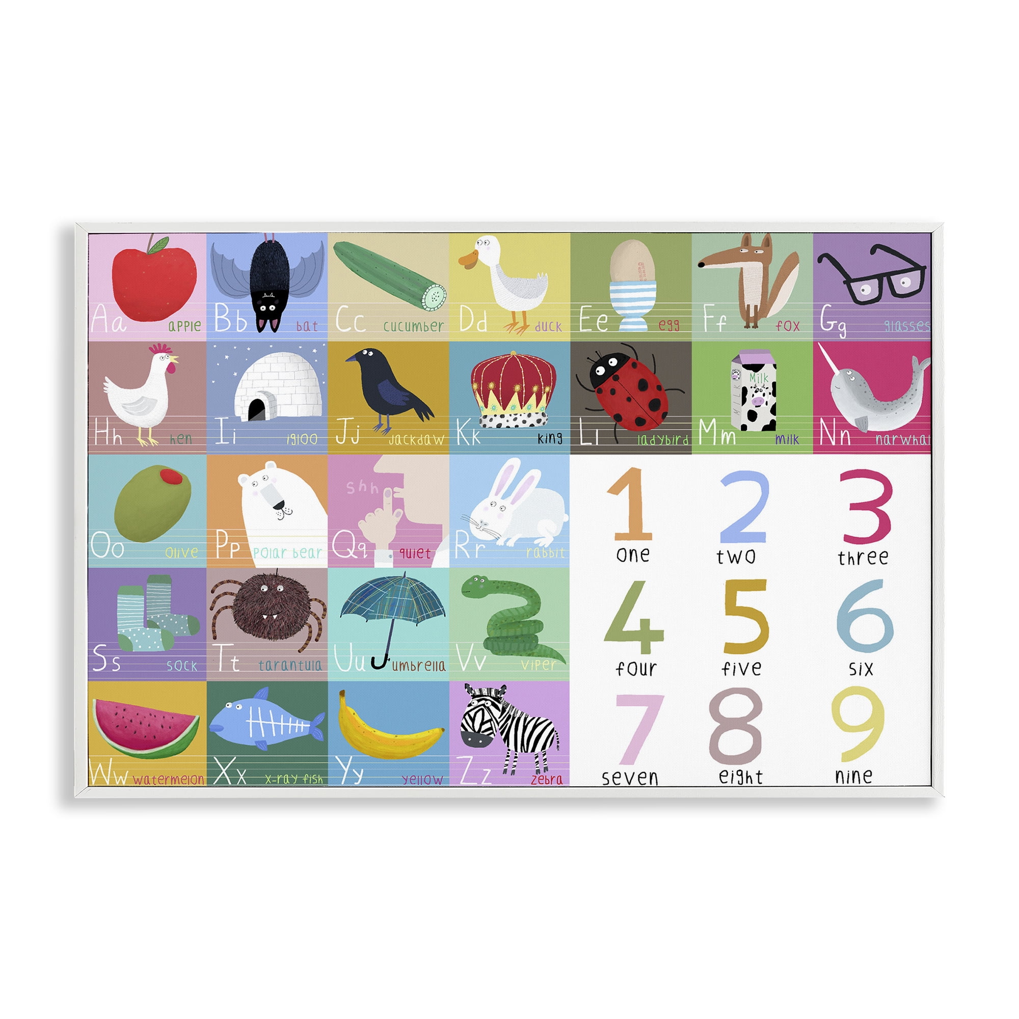 Stupell Industries Alphabet & Numbers First Words White Framed Giclee Art, design by Carla Daly