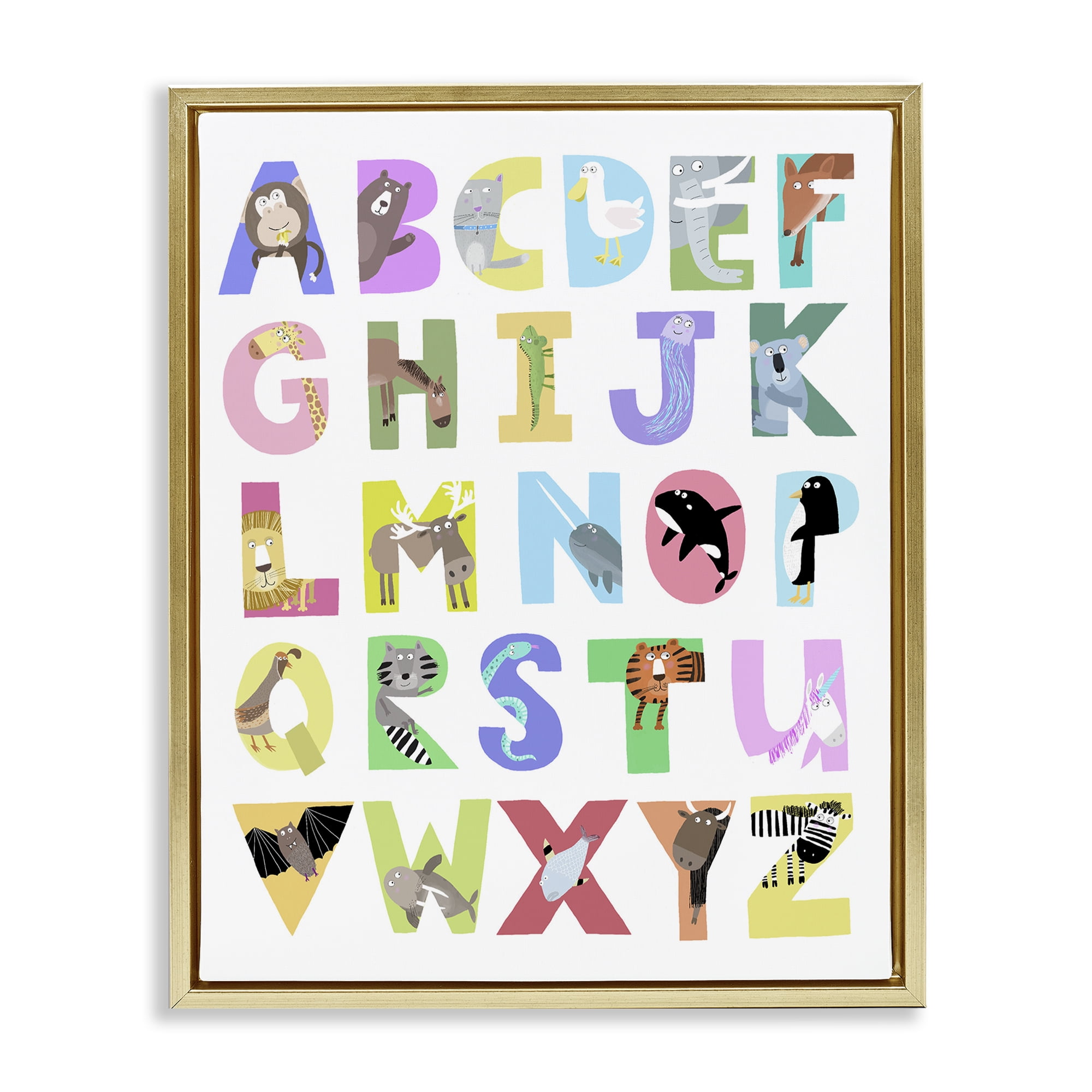 Stupell Industries Alphabet Shapes with Animals Gold Framed Floater Canvas Wall Art, design by Carla Daly