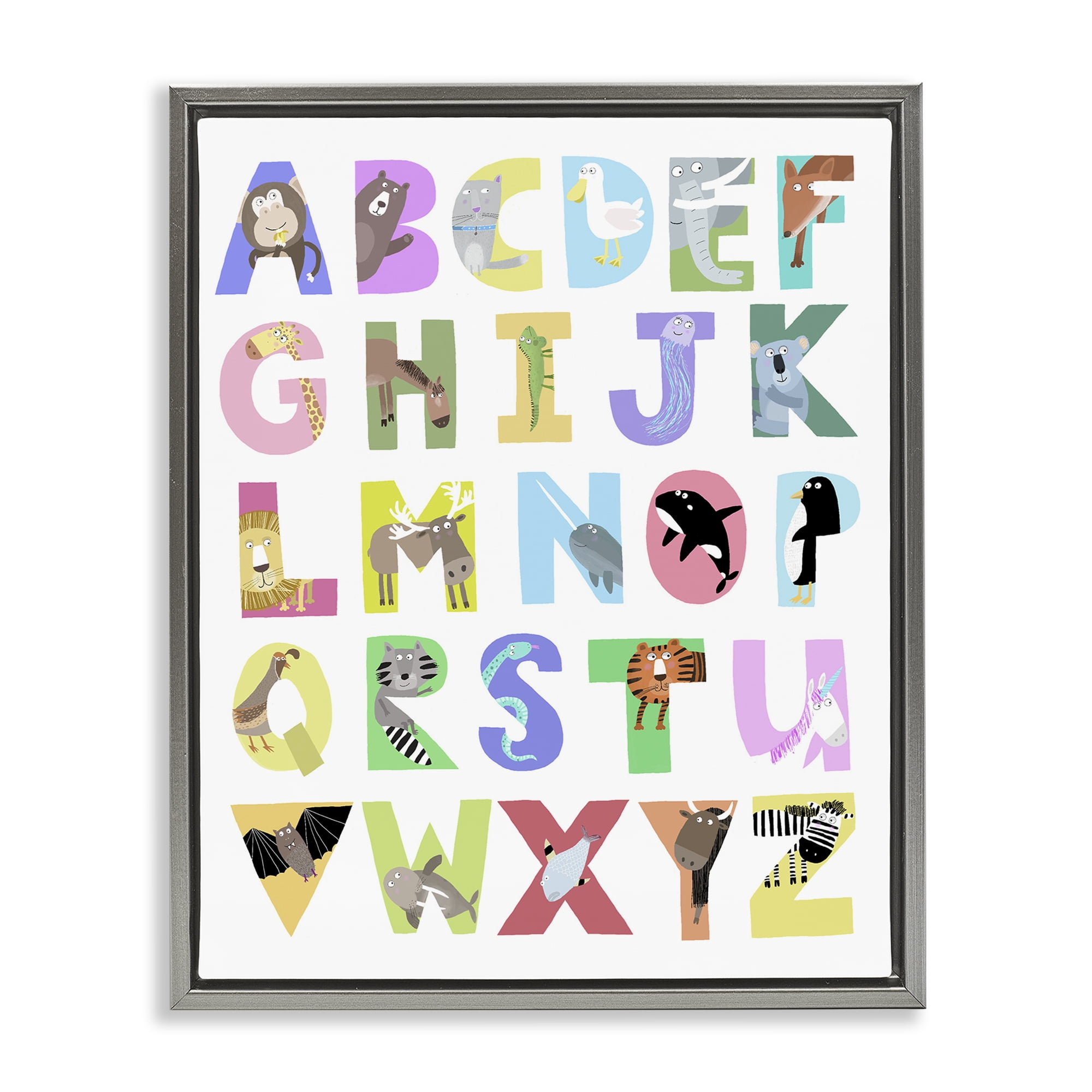 Stupell Industries Alphabet Shapes with Animals Gray Framed Floater Canvas Wall Art, design by Carla Daly