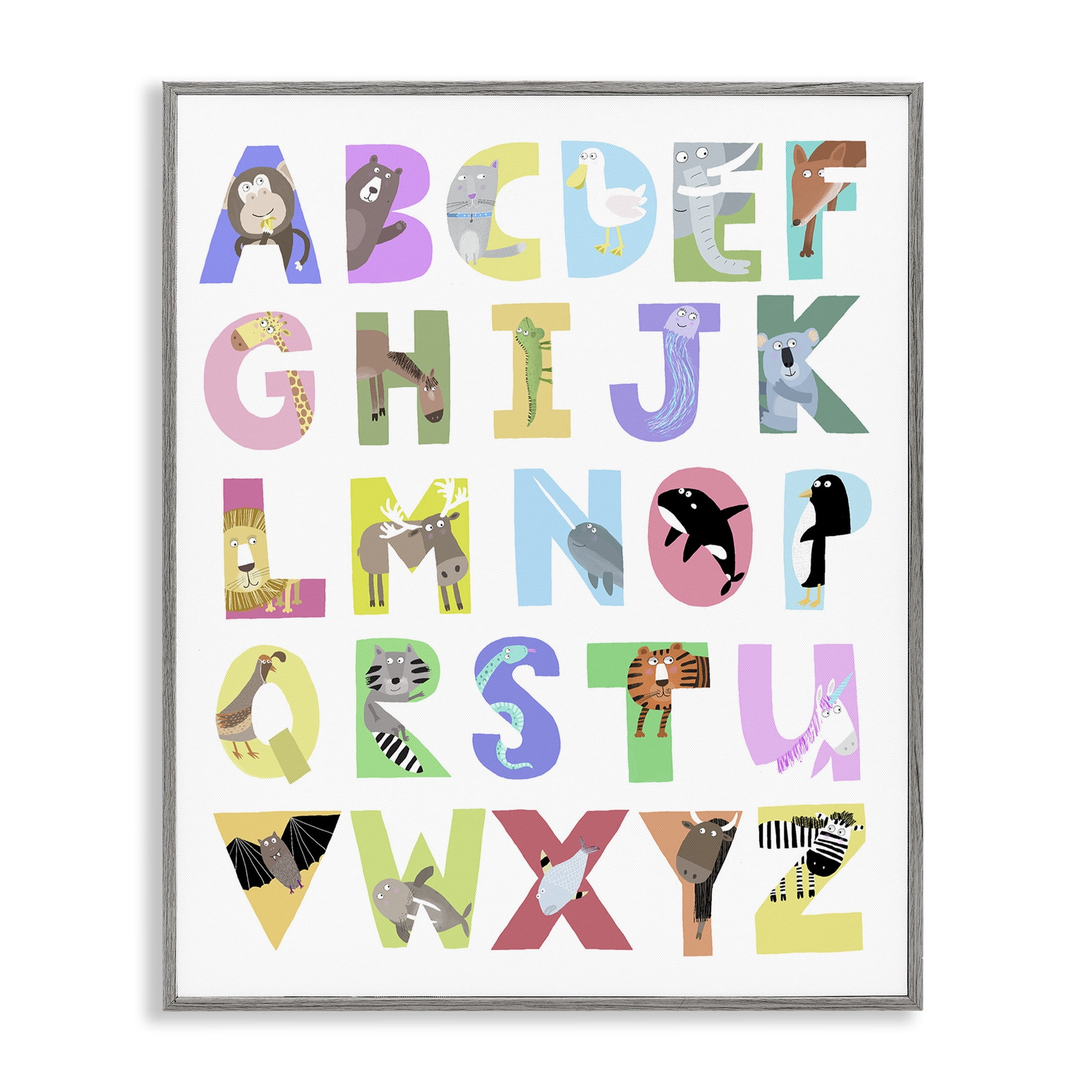 Stupell Industries Alphabet Shapes with Animals Gray Framed Giclee Art, design by Carla Daly