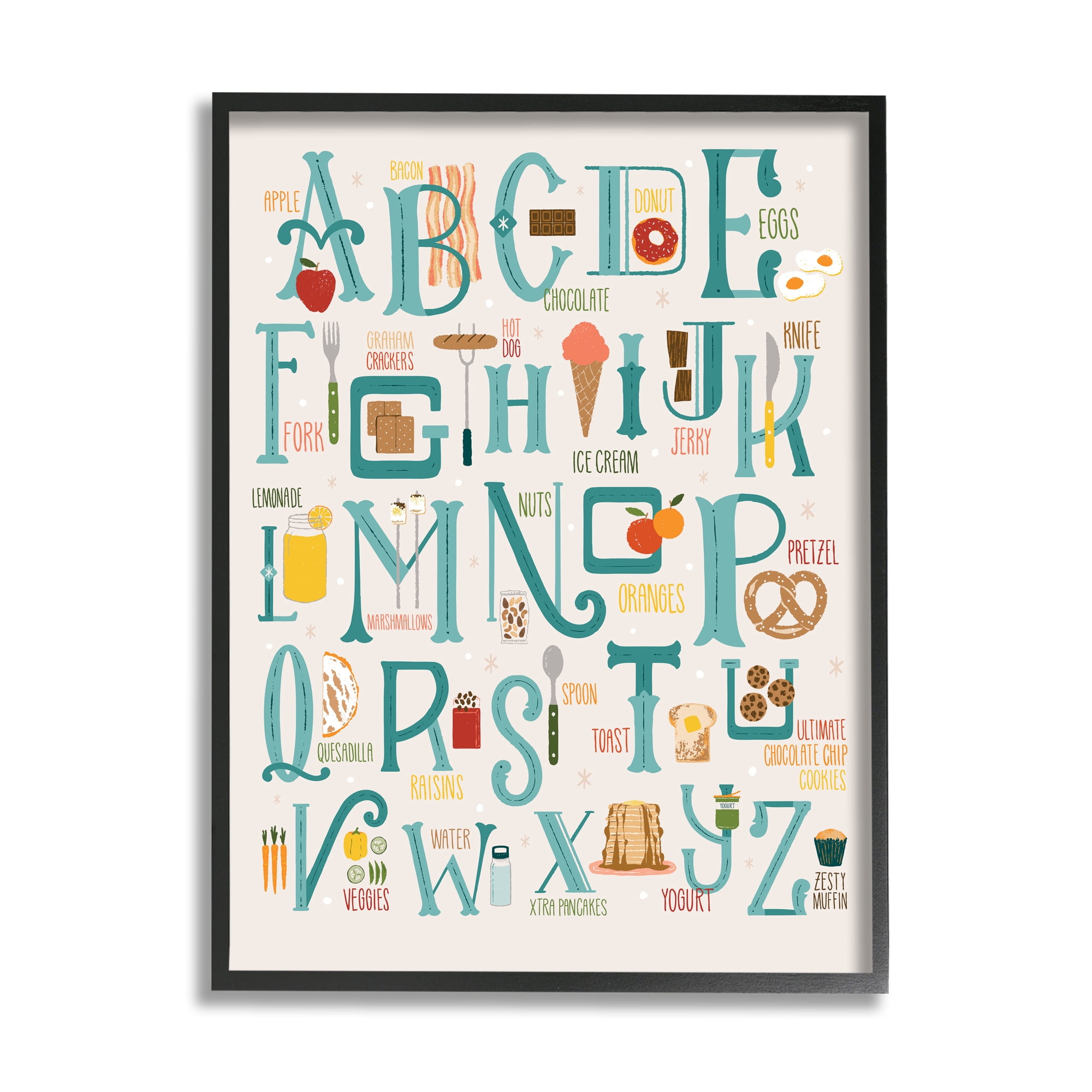 Stupell Industries Alphabet of Foods Vintage Kitchen Letter Chart Food & Beverage Painting Black Framed Art Print Wall Art, 16 x 20