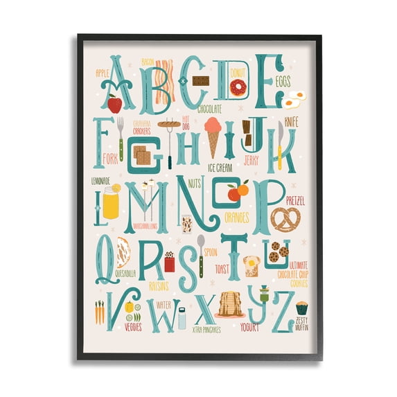 Stupell Industries Alphabet of Foods Vintage Kitchen Letter Chart Food & Beverage Painting Black Framed Art Print Wall Art, 16 x 20