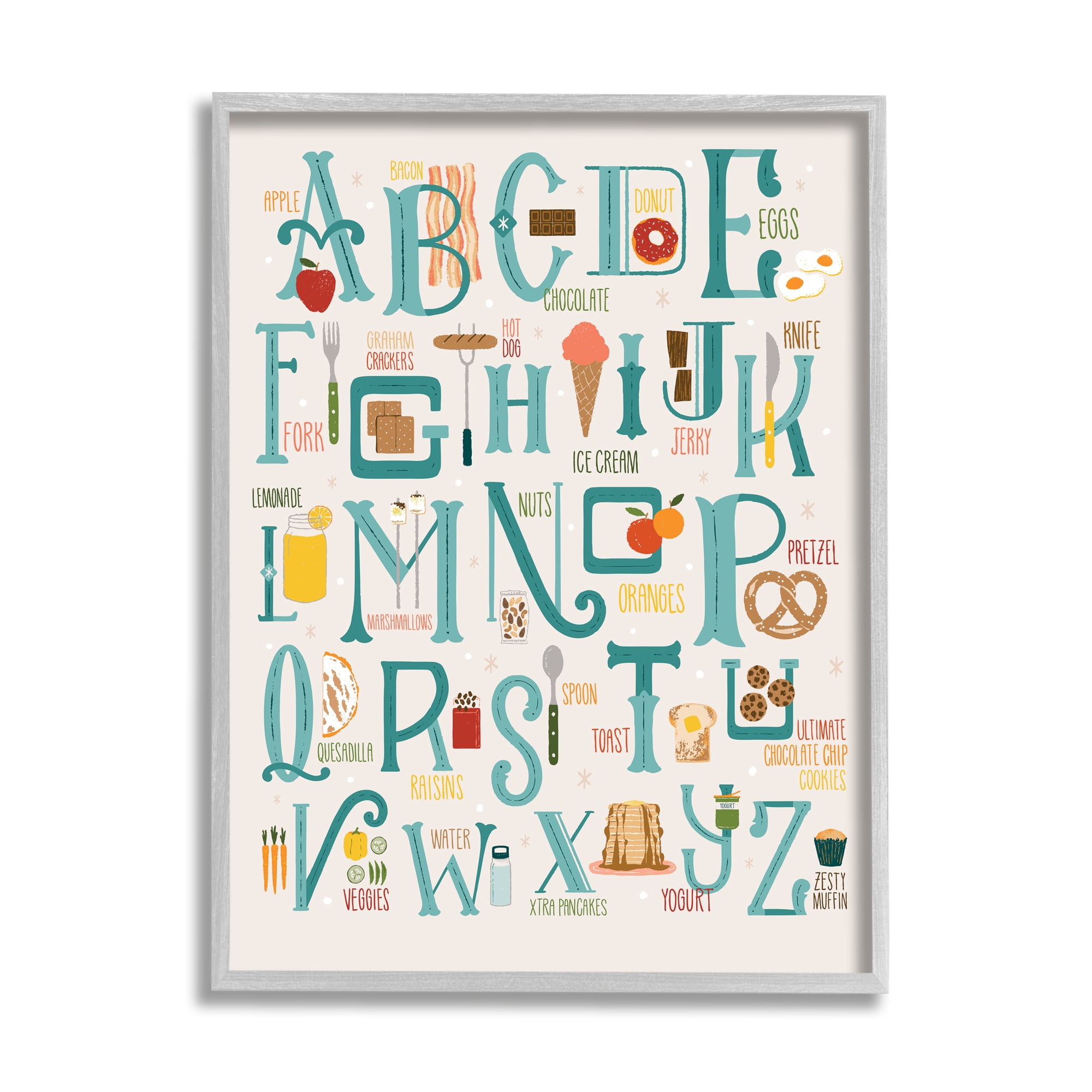 Stupell Industries Alphabet of Foods Vintage Kitchen Letter Chart Food & Beverage Painting Gray Framed Art Print Wall Art, 16 x 20