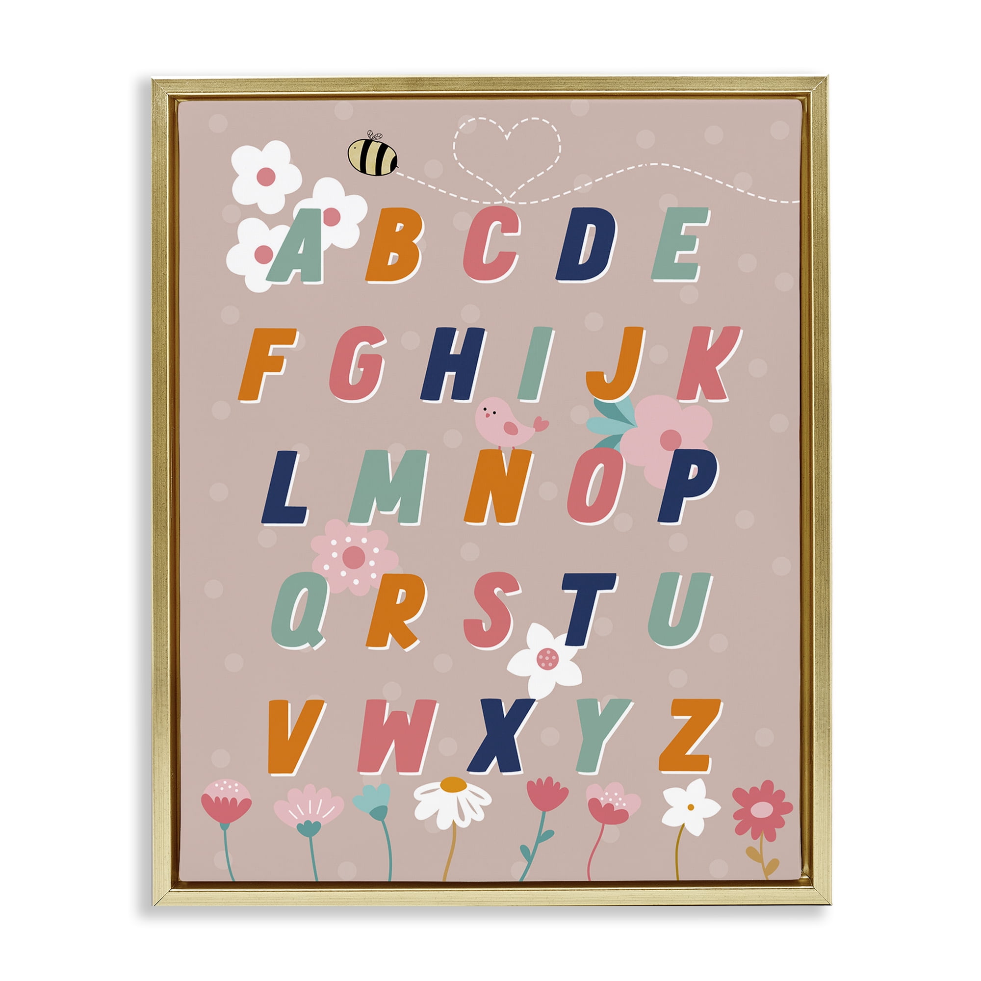 Stupell Industries Alphabet with Florals Botanical & Floral Painting Gold Floater Framed Art Print Wall Art, 17 x 21
