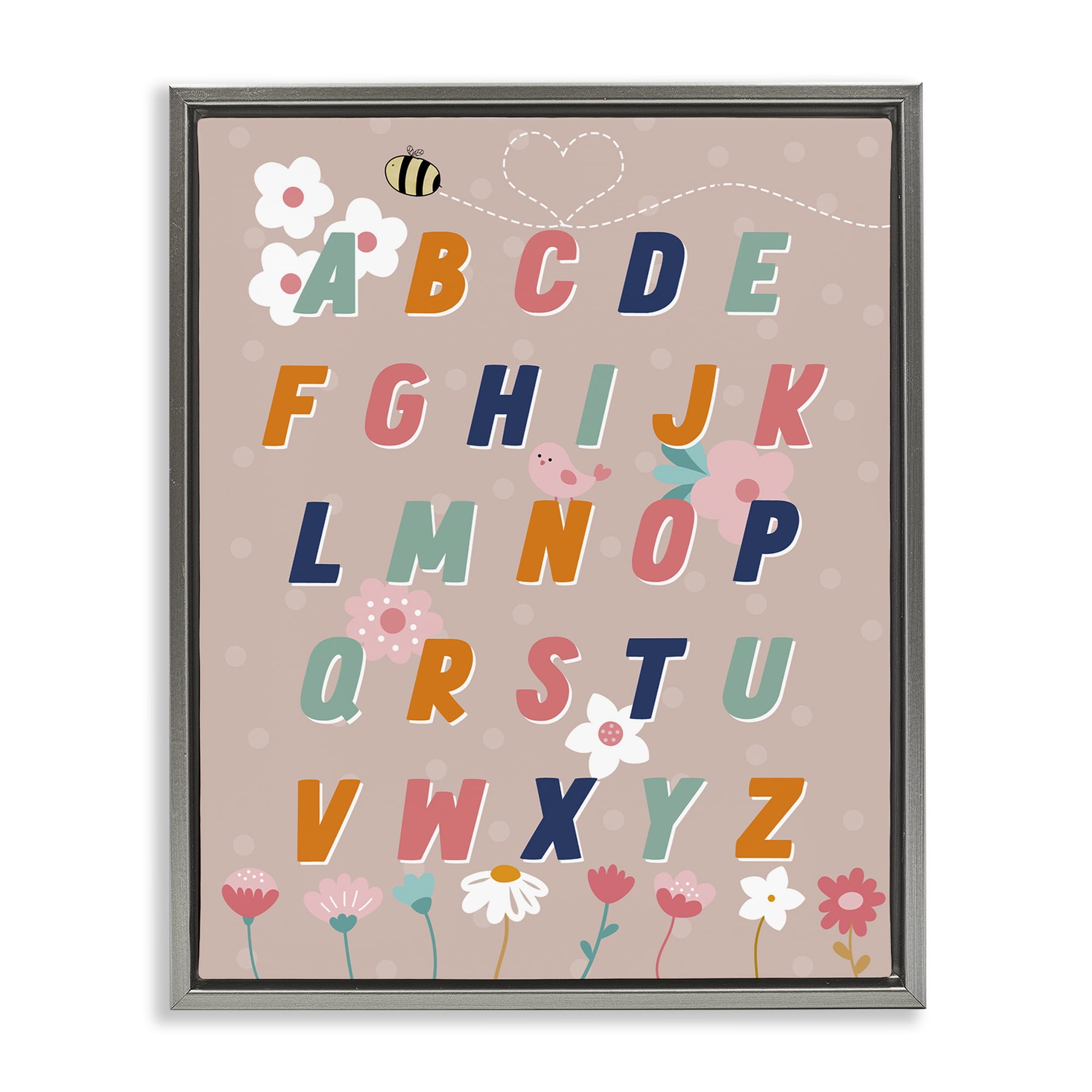 Stupell Industries Alphabet with Florals Botanical & Floral Painting Gray Floater Framed Art Print Wall Art, 17 x 21