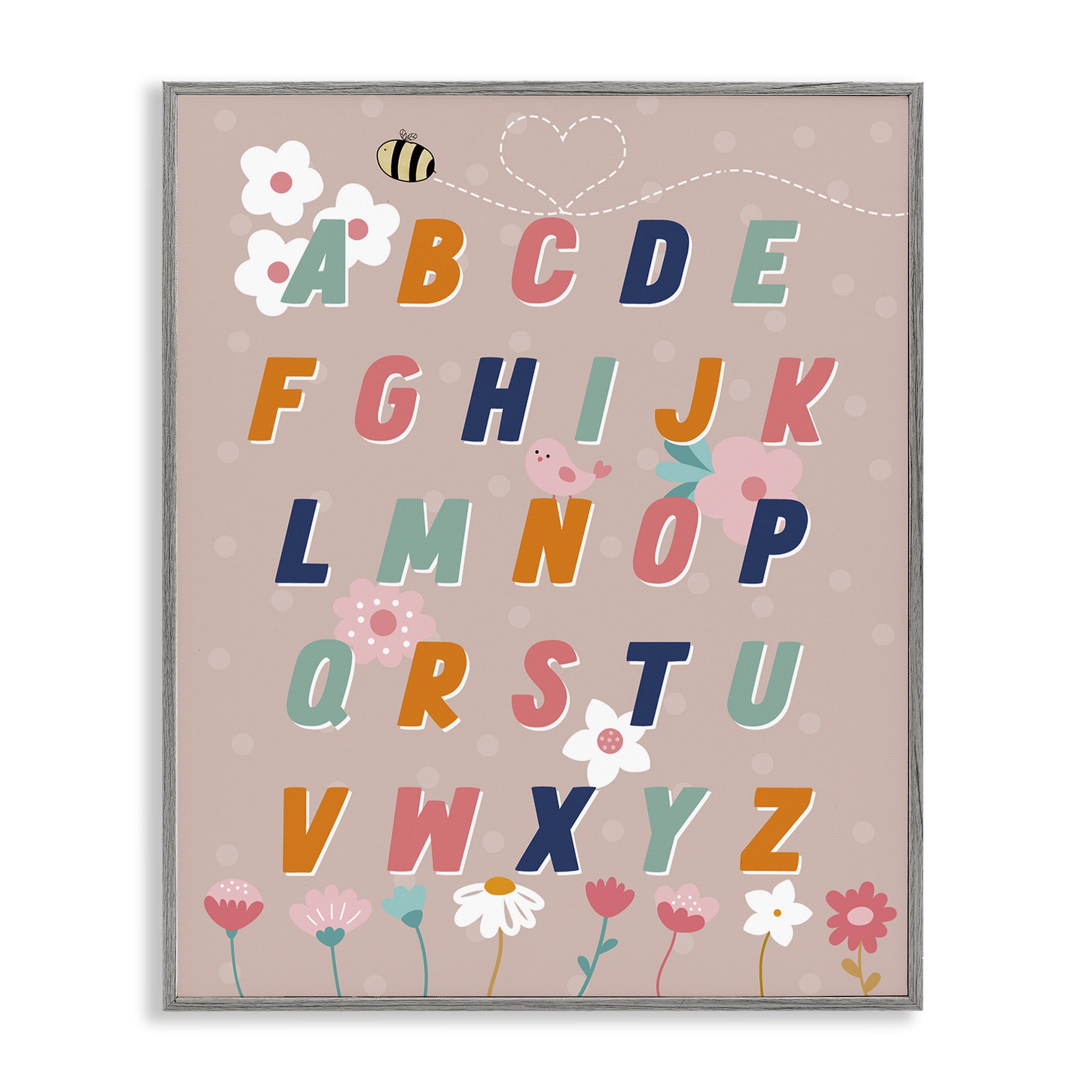 Stupell Industries Alphabet with Florals Botanical & Floral Painting Gray Framed Art Print Wall Art, 24 x 30