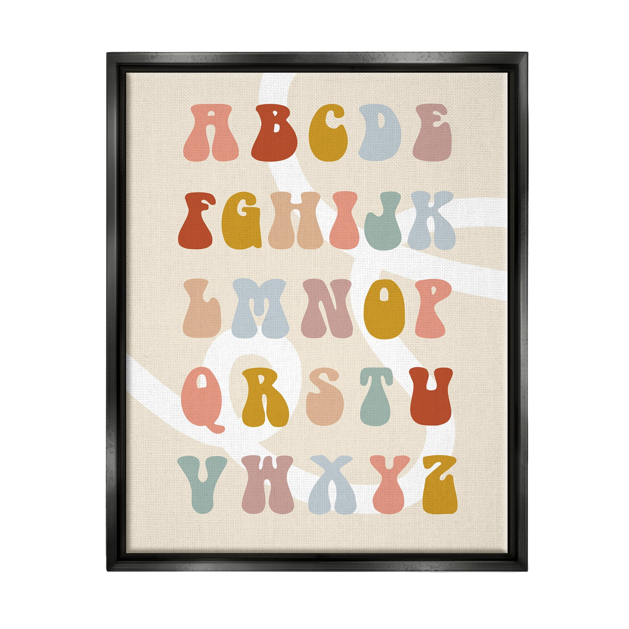 Stupell Industries Alphabet with White Spiral Typography Painting Black Floater Framed Canvas Art Print Wall Art, 17 x 21