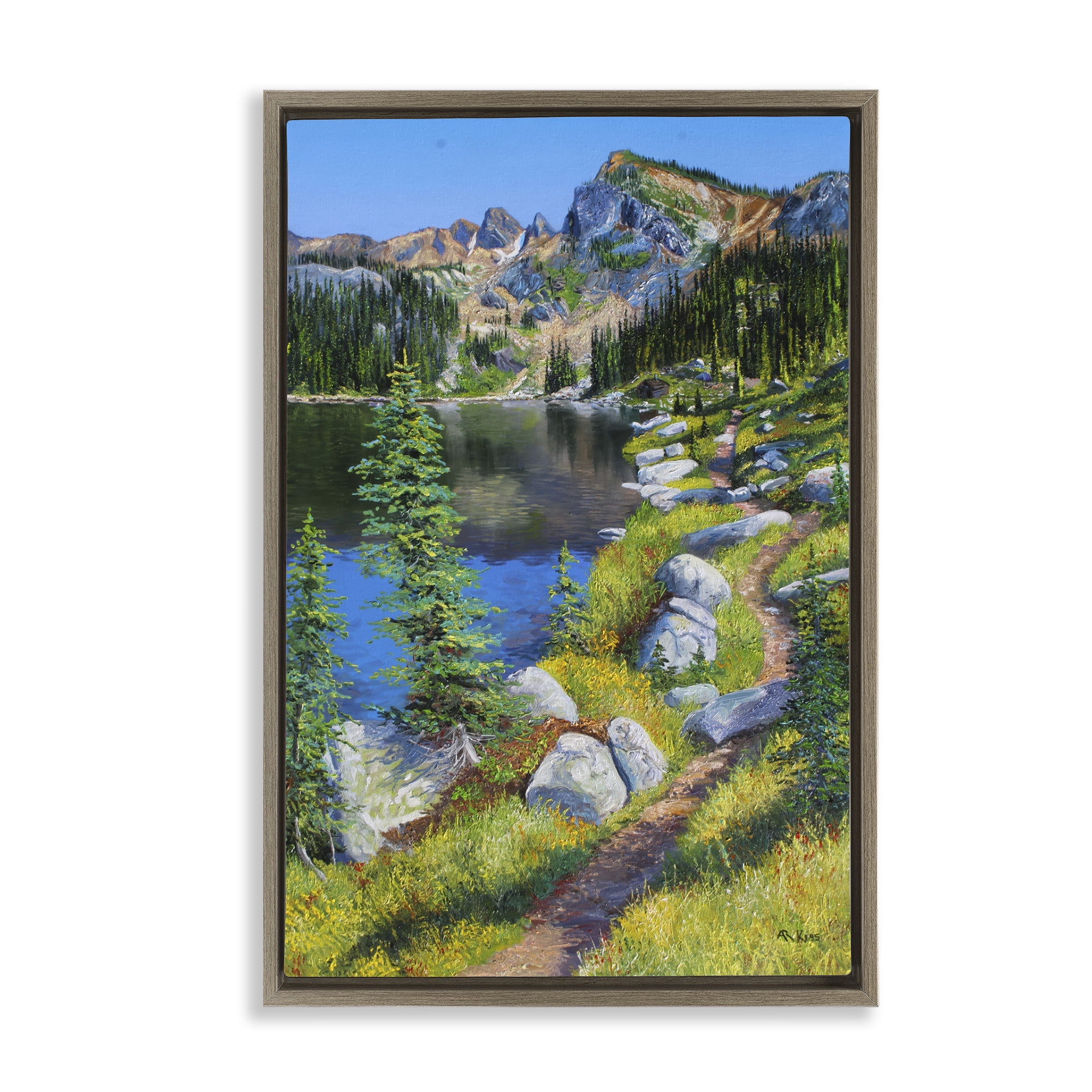 Stupell Industries Alpine Lake Landscape Landscape & Nature Painting Brown Floater Framed Canvas Art Print Wall Art, 21 x 31