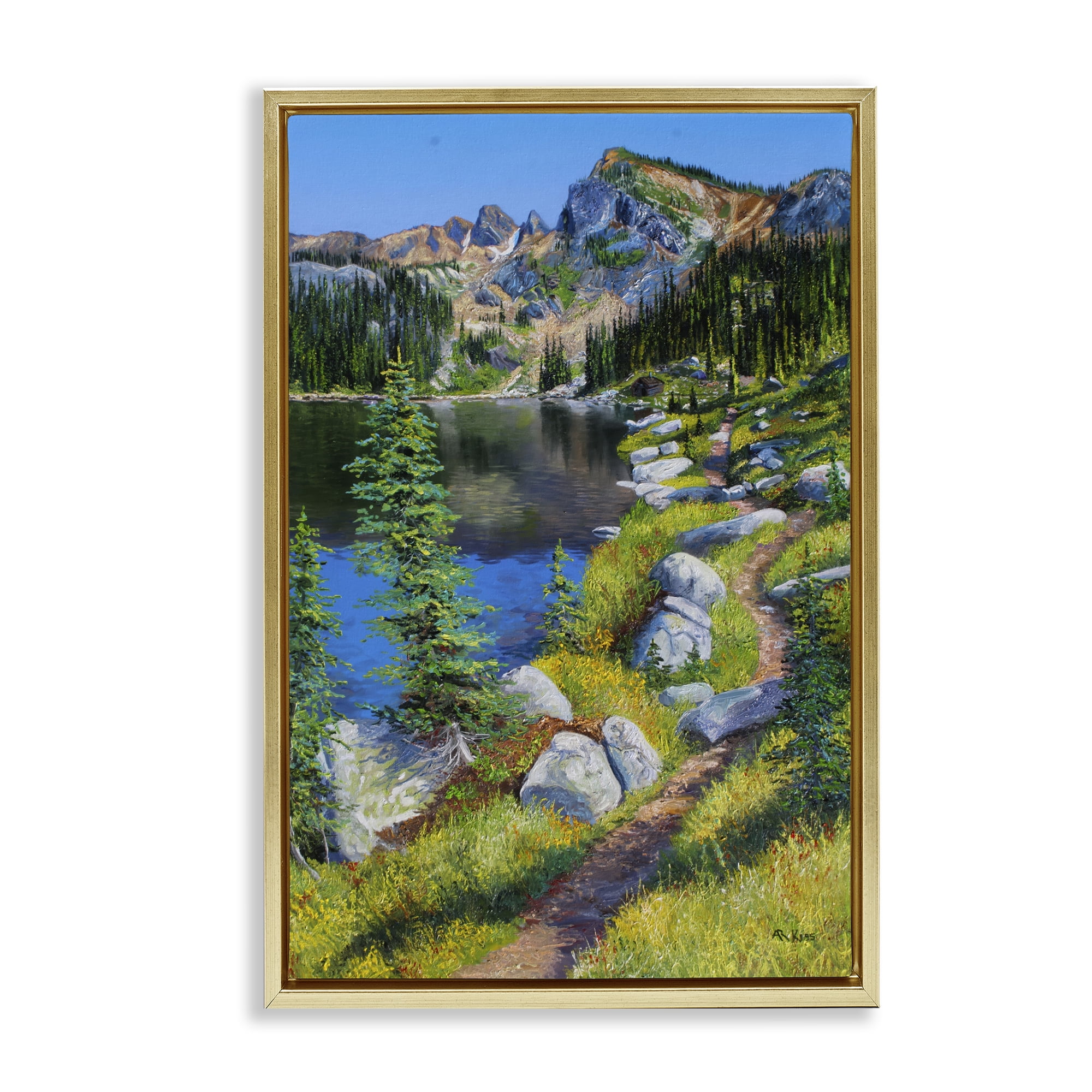 Stupell Industries Alpine Lake Landscape Landscape & Nature Painting Gold Floater Framed Canvas Art Print Wall Art, 17 x 25