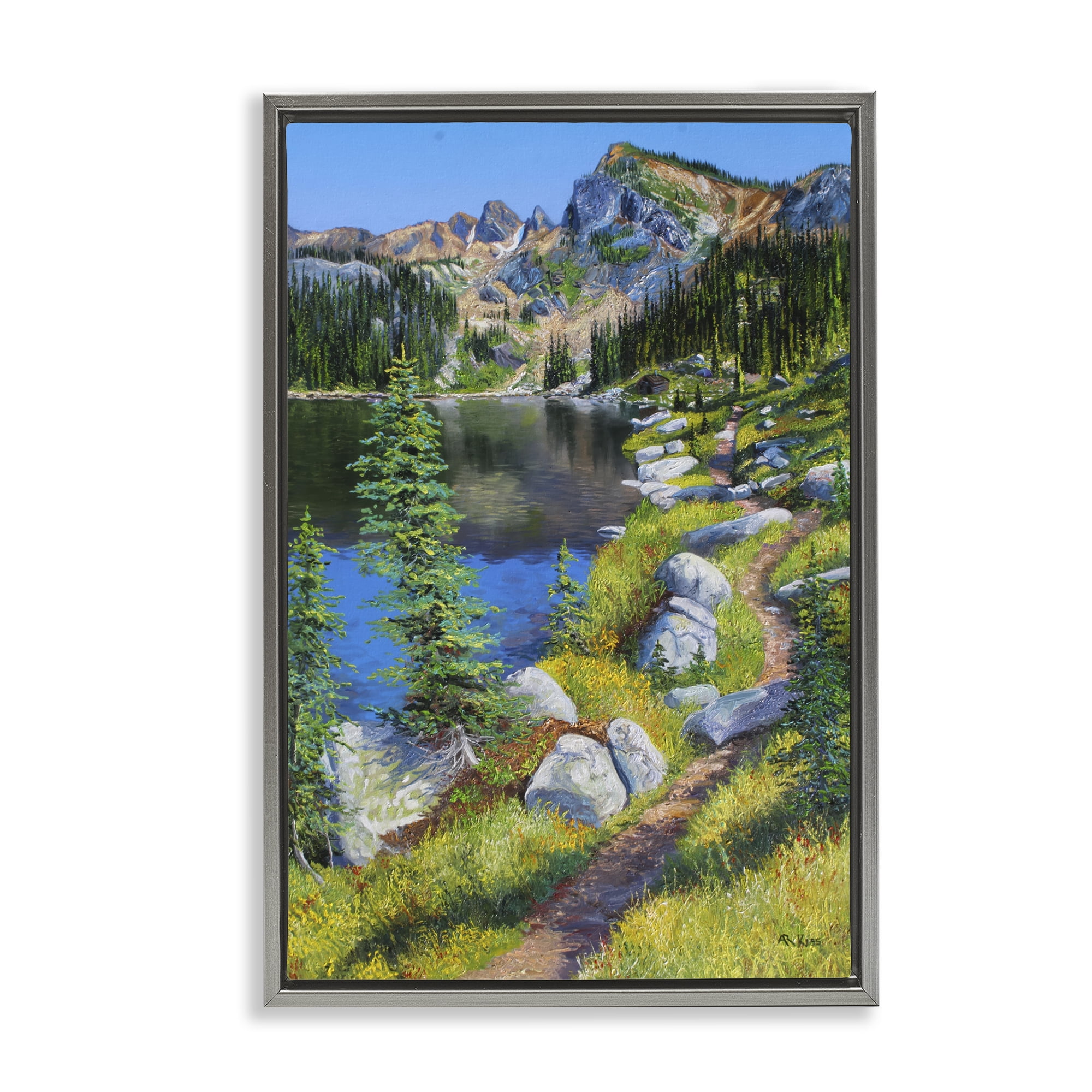Stupell Industries Alpine Lake Landscape Landscape & Nature Painting Gray Floater Framed Canvas Art Print Wall Art, 17 x 25