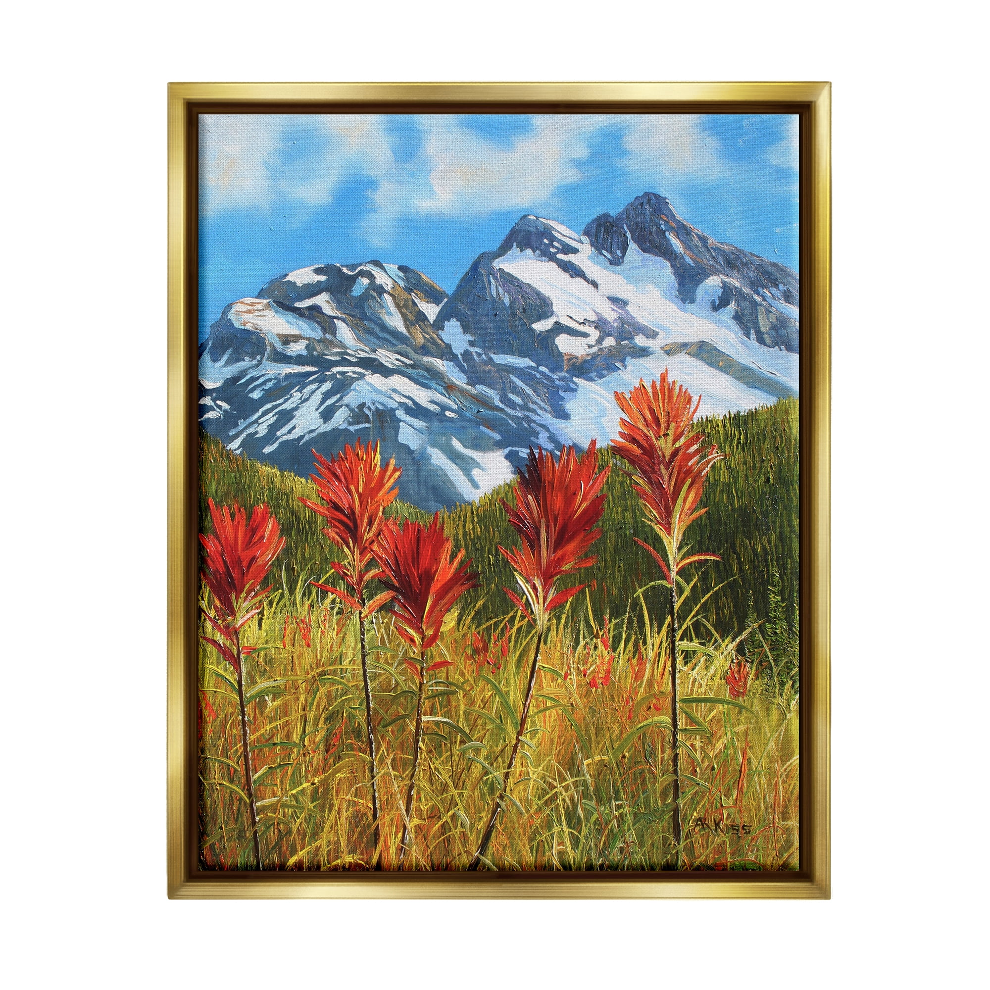 Stupell Industries Alpine Mountain Valley Nature Painting Gold Floater Framed Art Print Wall Art, 25 x 31