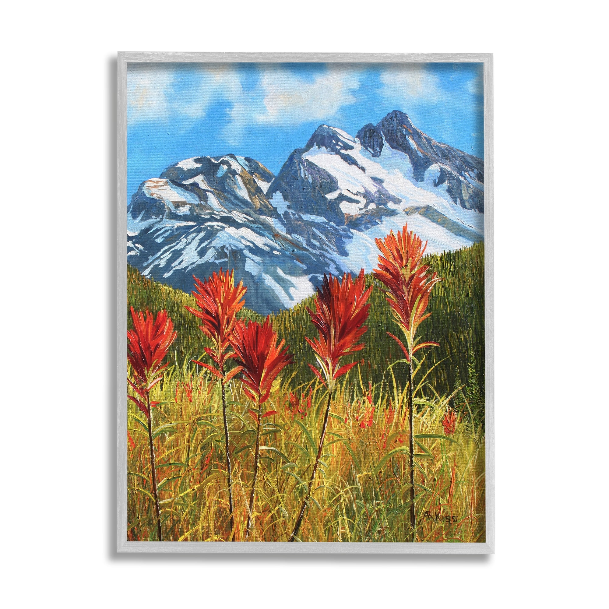 Stupell Industries Alpine Mountain Valley Nature Painting Gray Framed Art Print Wall Art, 11 x 14