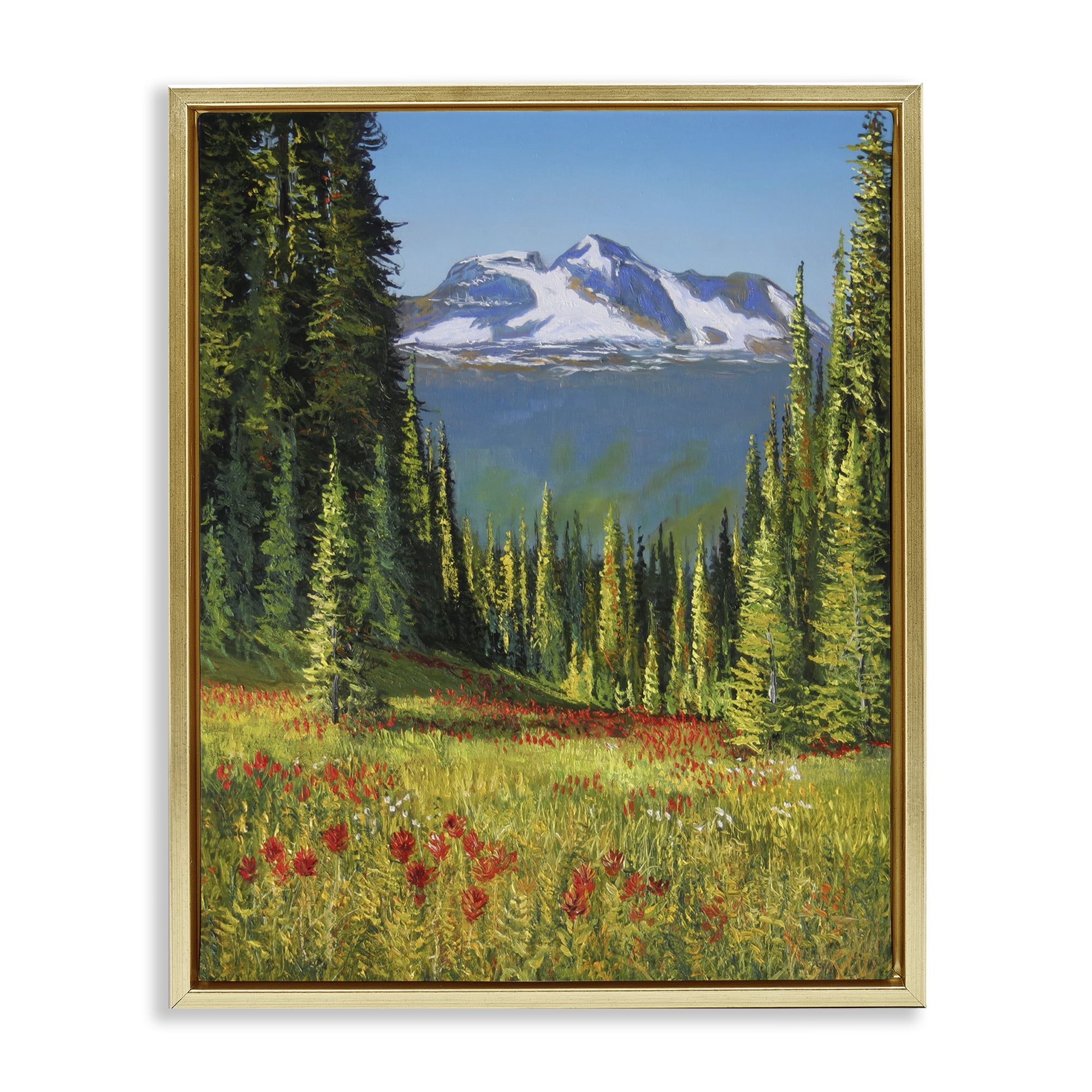 Stupell Industries Alpine Valley Meadow Landscape & Nature Painting Gold Floater Framed Canvas Art Print Wall Art, 17 x 21