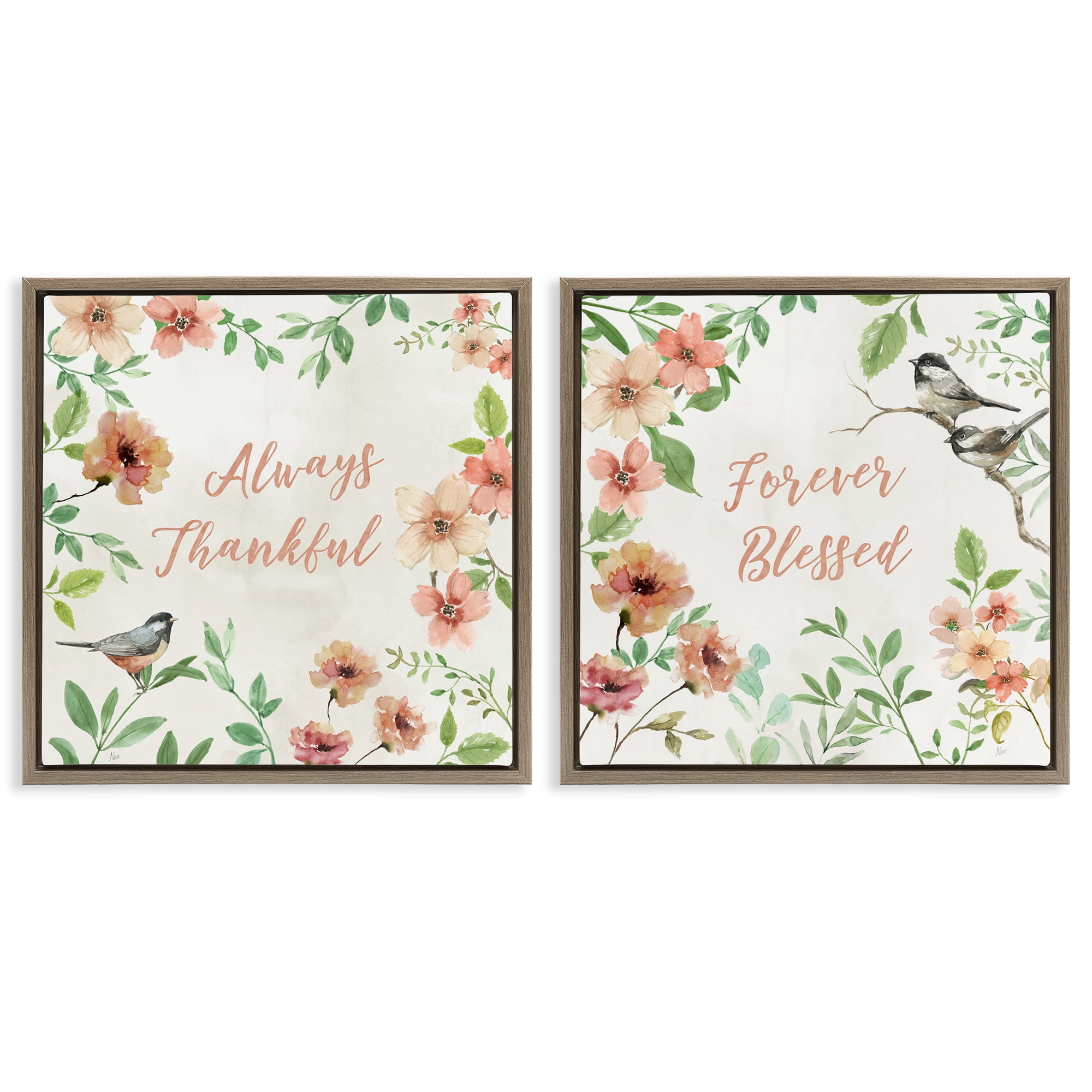 Stupell Industries Always Forever Bird Plants & Flowers Painting Brown Floater Framed Canvas Art Print Wall Art, 18 x 18, Set of 2