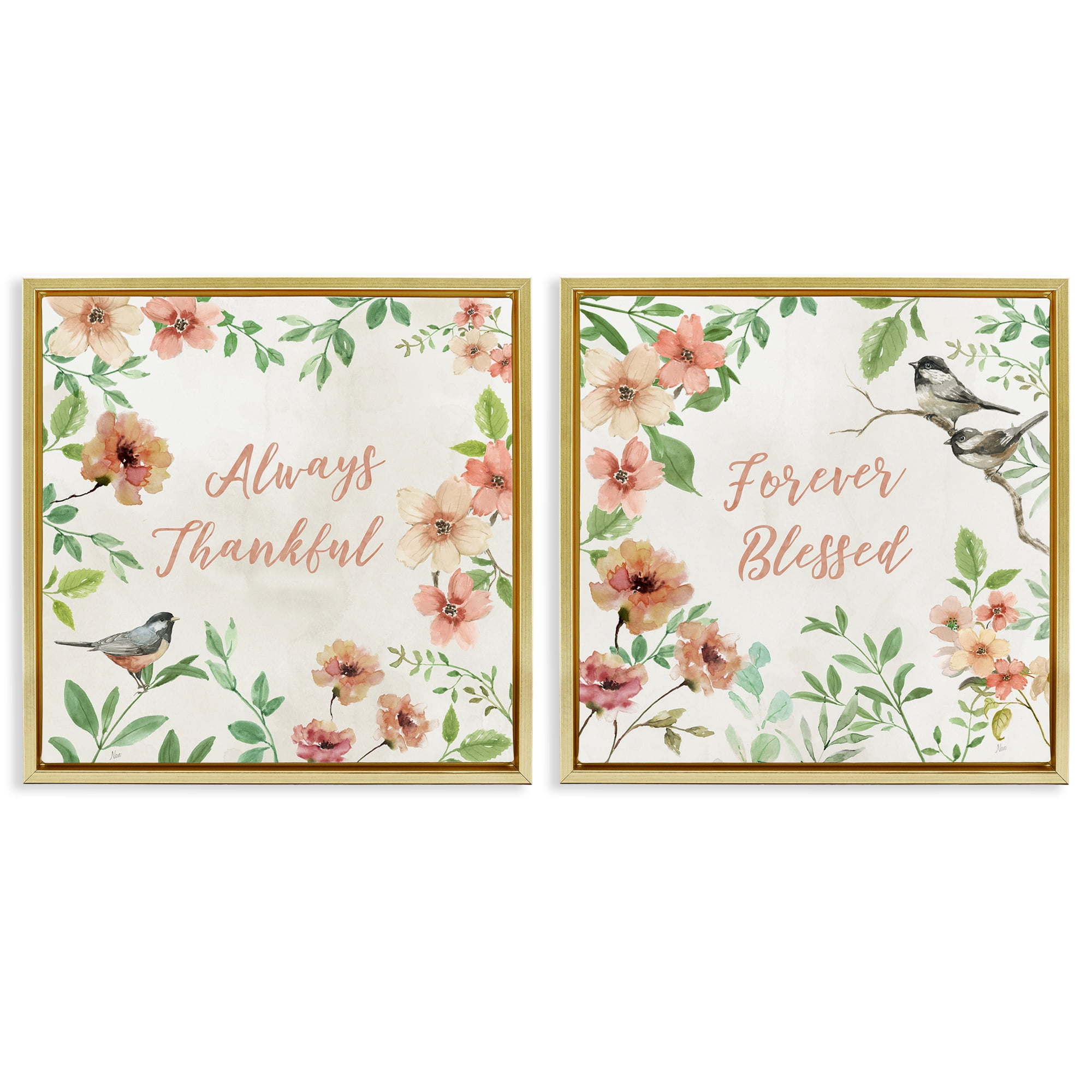 Stupell Industries Always Forever Bird Plants & Flowers Painting Gold Floater Framed Canvas Art Print Wall Art, 25 x 25, Set of 2
