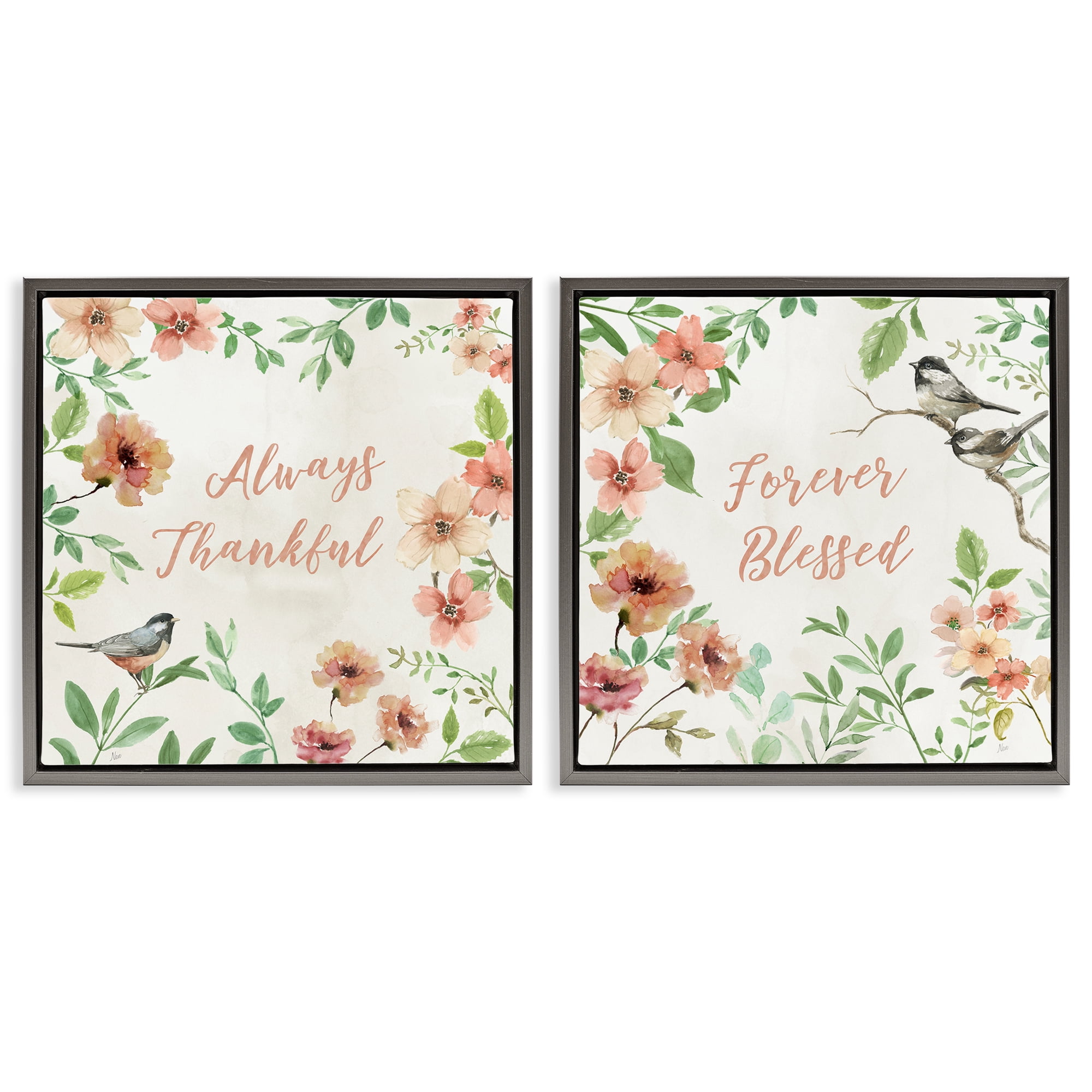 Stupell Industries Always Forever Bird Plants & Flowers Painting Gray Floater Framed Canvas Art Print Wall Art, 25 x 25, Set of 2