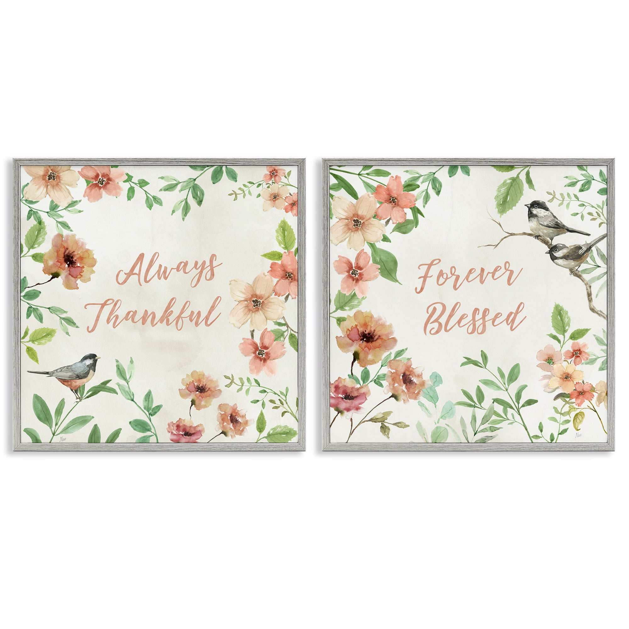 Stupell Industries Always Forever Bird Plants & Flowers Painting Gray Framed Art Print Wall Art, 24 x 24, Set of 2