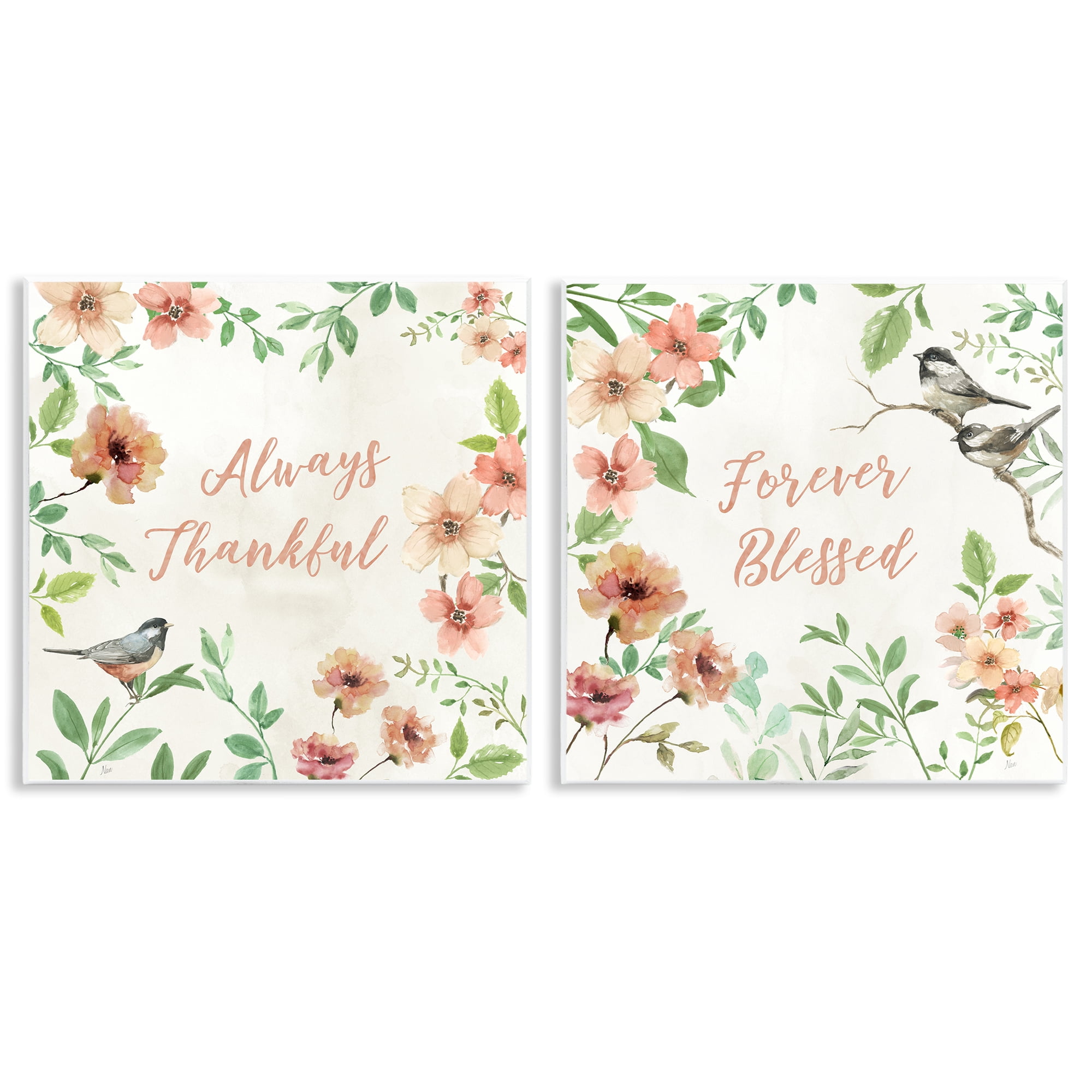 Stupell Industries Always Forever Bird Plants & Flowers Painting Unframed Art Print Wall Art, 12 x 12, Set of 2