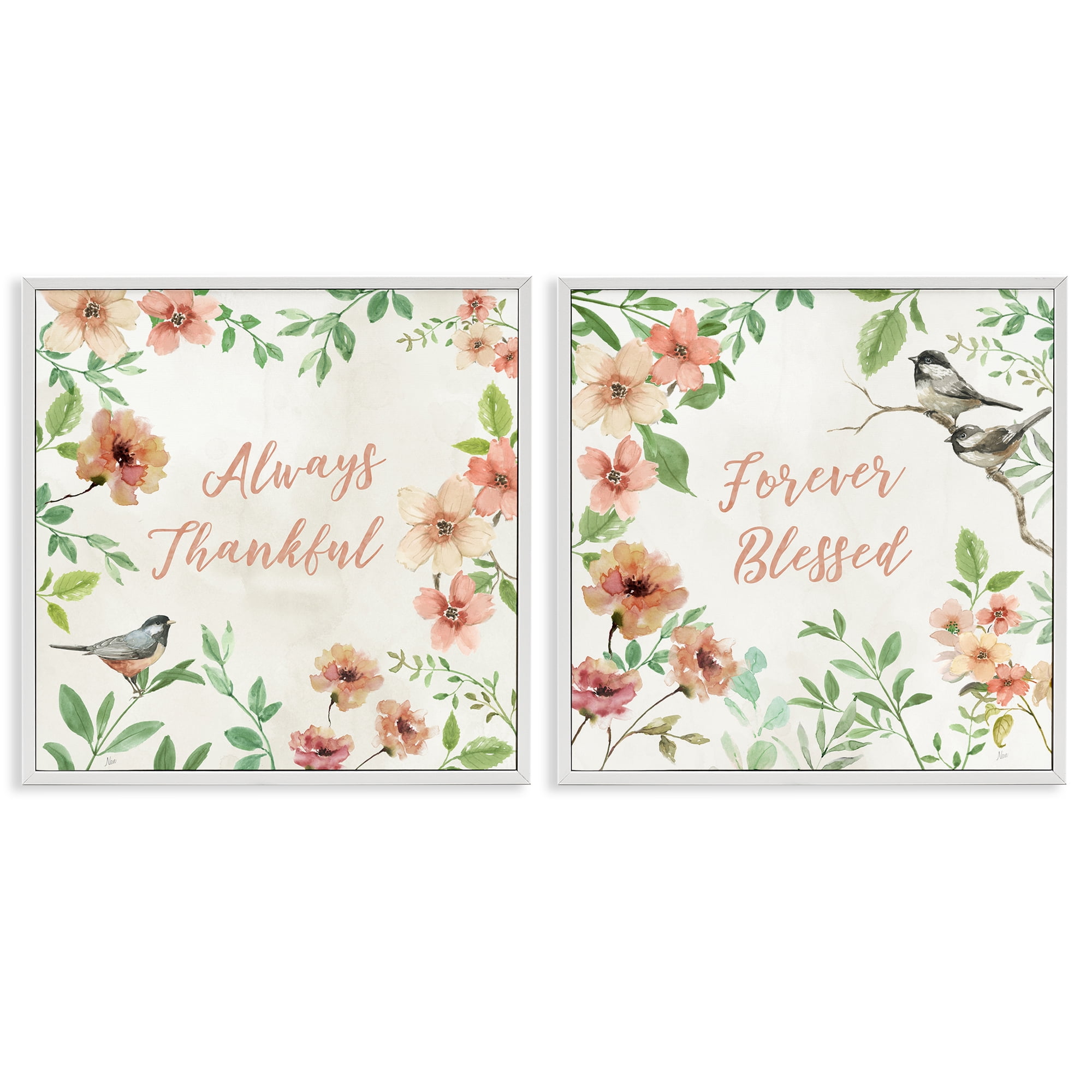Stupell Industries Always Forever Bird Plants & Flowers Painting White Framed Art Print Wall Art, 12 x 12, Set of 2