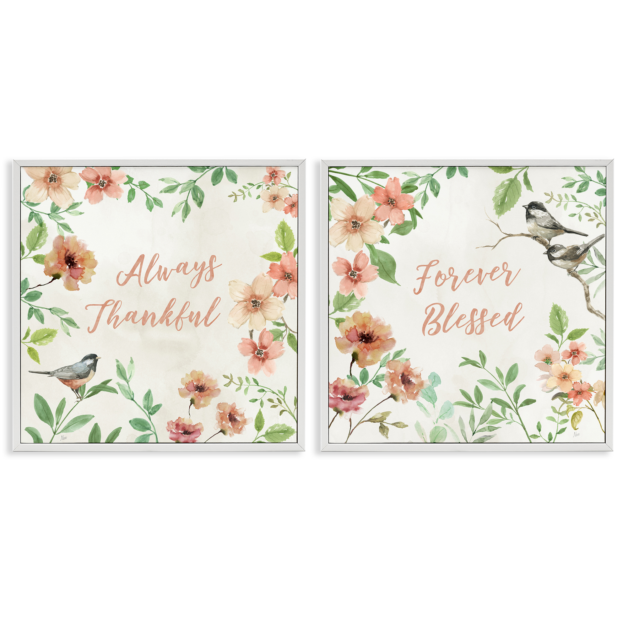 Stupell Industries Always Forever Bird Plants & Flowers Painting White Framed Art Print Wall Art, 24 x 24, Set of 2