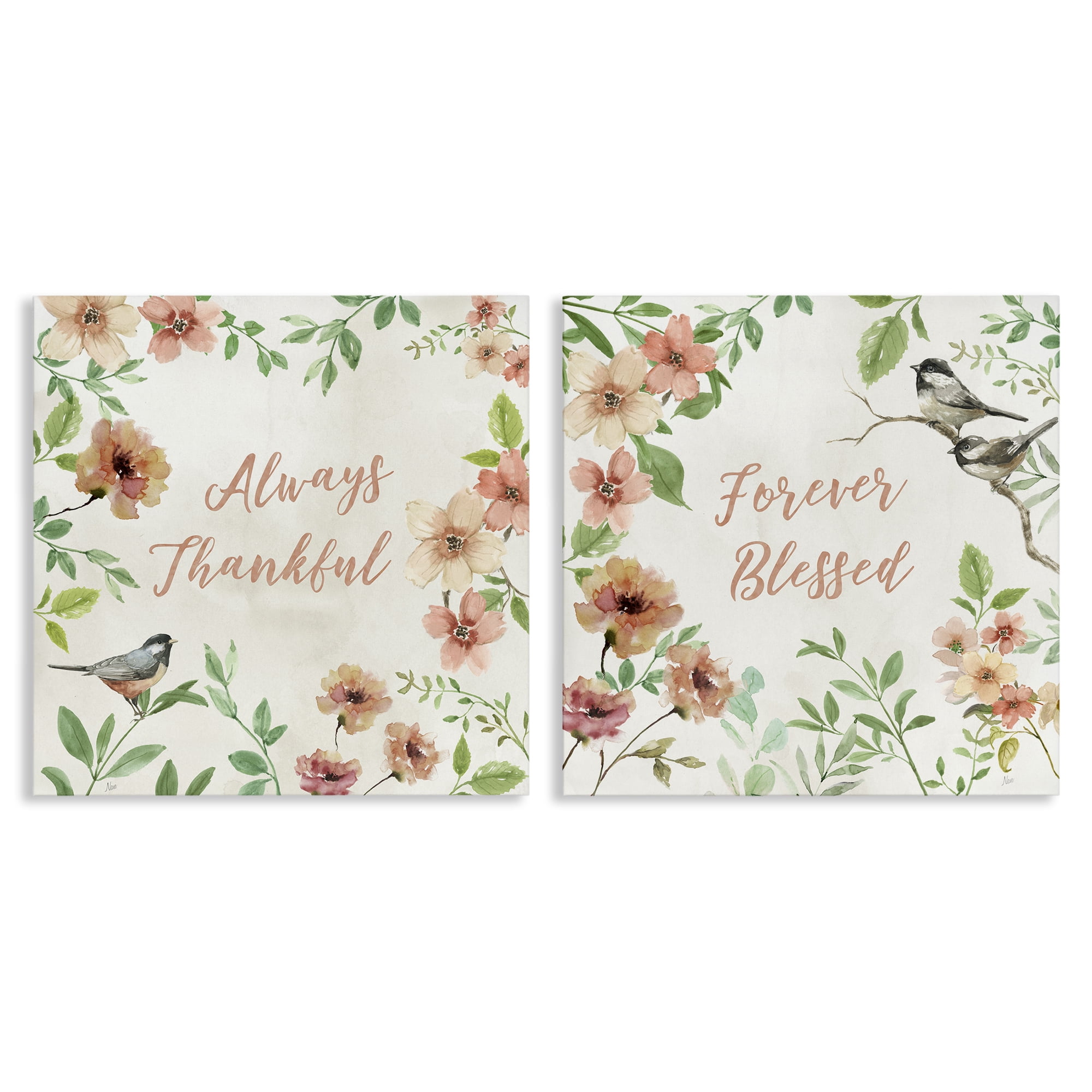 Stupell Industries Always Forever Bird Plants & Flowers Painting Wrapped Canvas Art Print Wall Art, 24 x 24, Set of 2