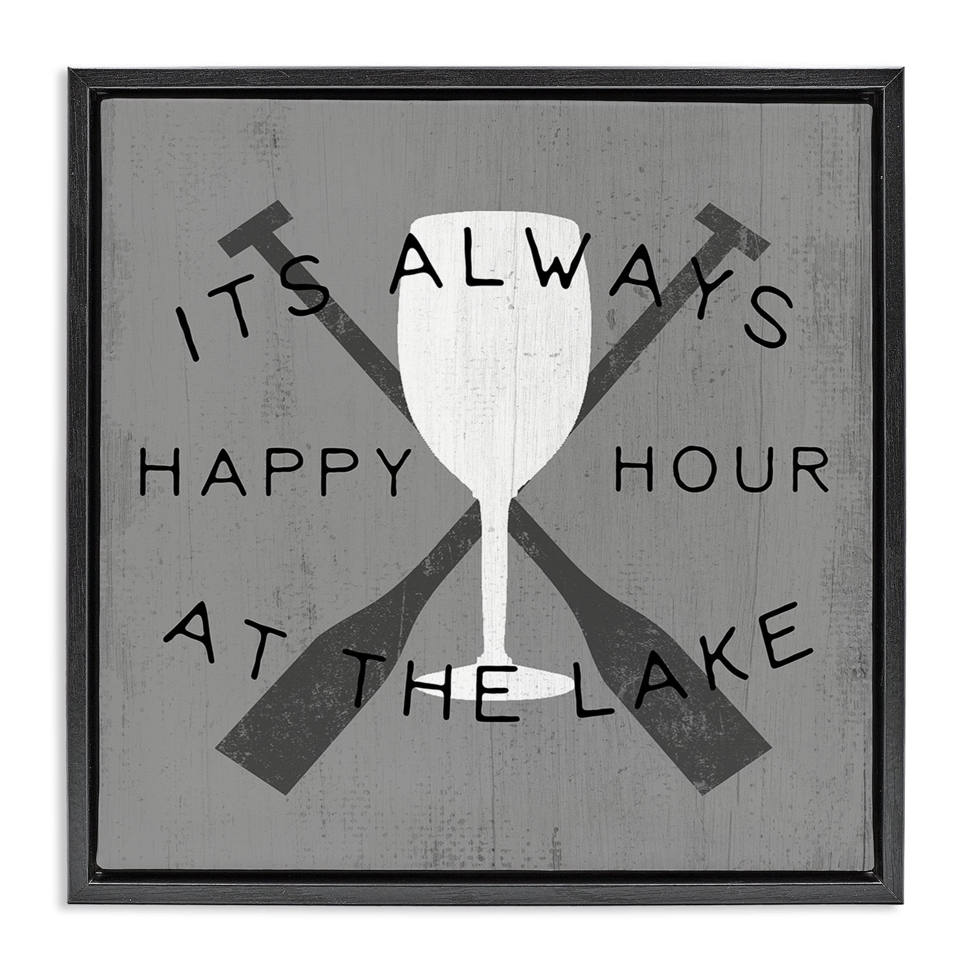 Stupell Industries Always Happy Hour At Lake Typography Painting Black Floater Framed Canvas Art Print Wall Art, 25 x 25