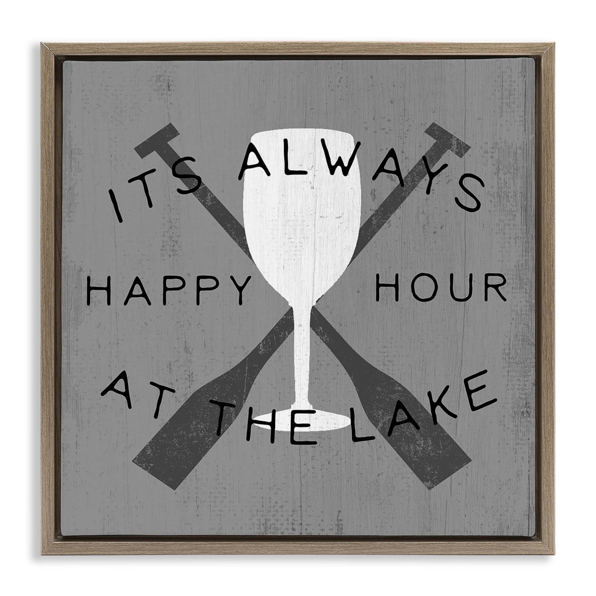 Stupell Industries Always Happy Hour At Lake Typography Painting Brown Floater Framed Canvas Art Print Wall Art, 18 x 18