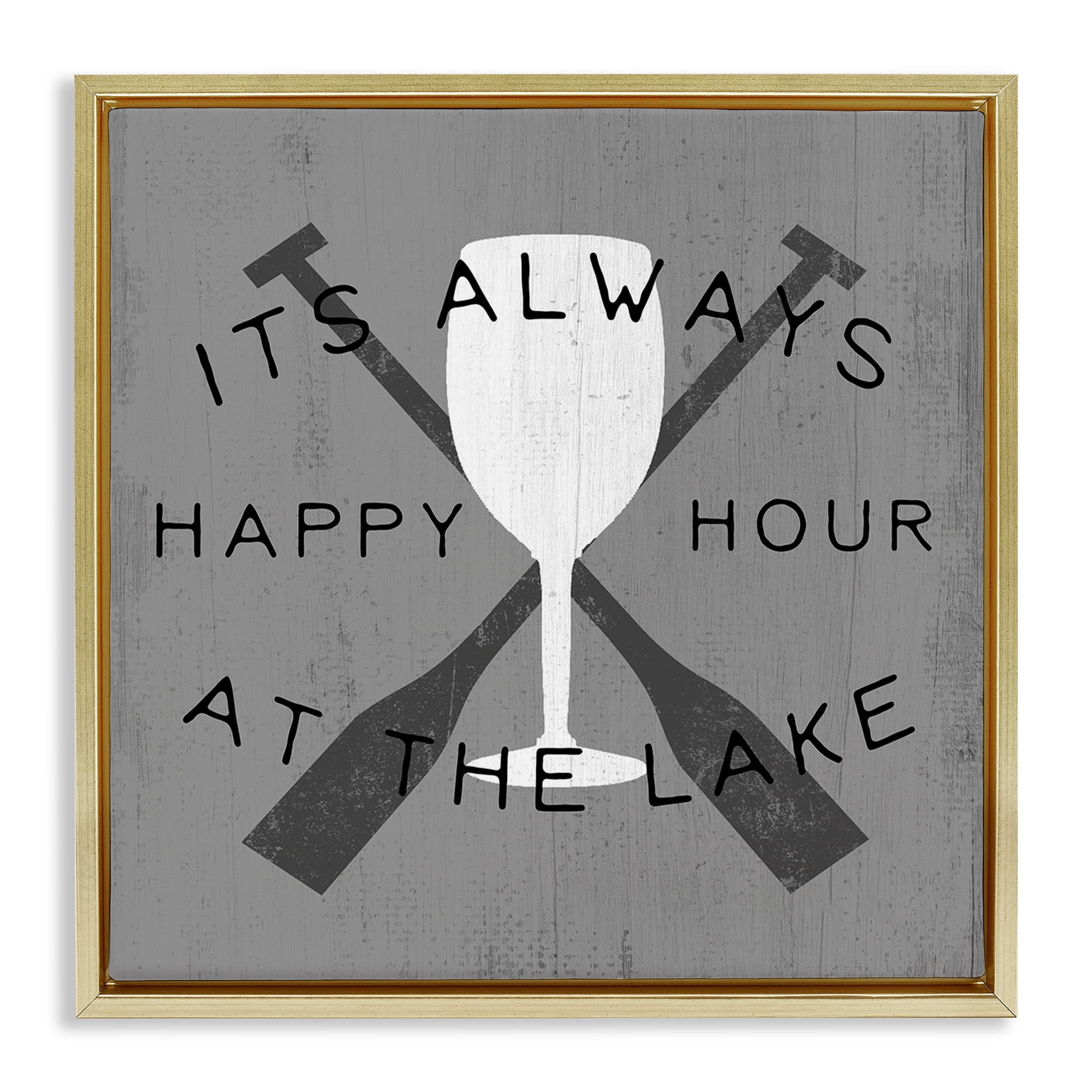 Stupell Industries Always Happy Hour At Lake Typography Painting Gold Floater Framed Canvas Art Print Wall Art, 25 x 25