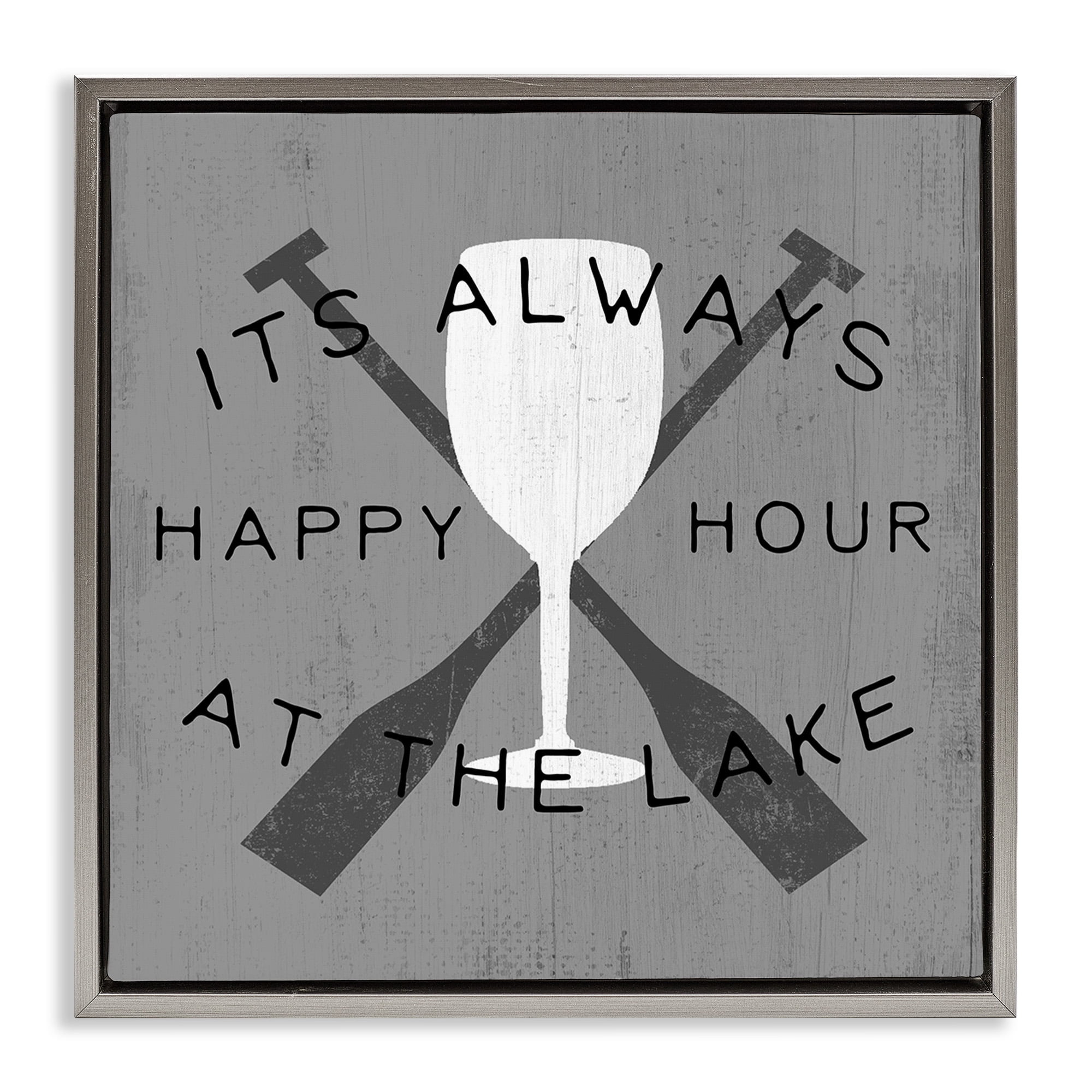 Stupell Industries Always Happy Hour At Lake Typography Painting Gray Floater Framed Canvas Art Print Wall Art, 18 x 18