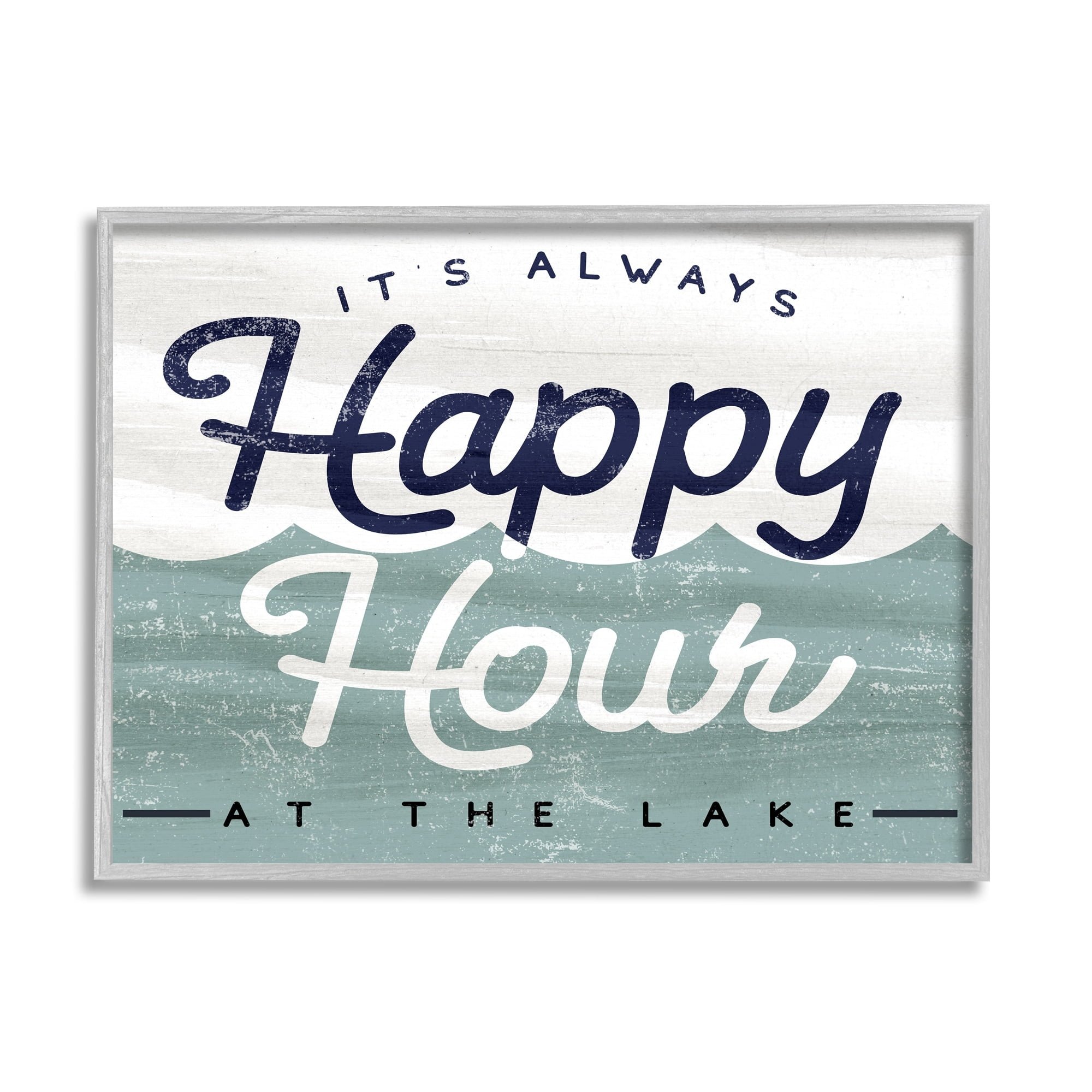 Stupell Industries Always Happy Hour Vintage Lake House Wave Signage Framed Wall Art, 14 x 11, Design by Lil' Rue