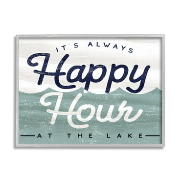 Stupell Industries Always Happy Hour Vintage Lake House Wave Signage Framed Wall Art, 30 x 24, Design by Lil' Rue