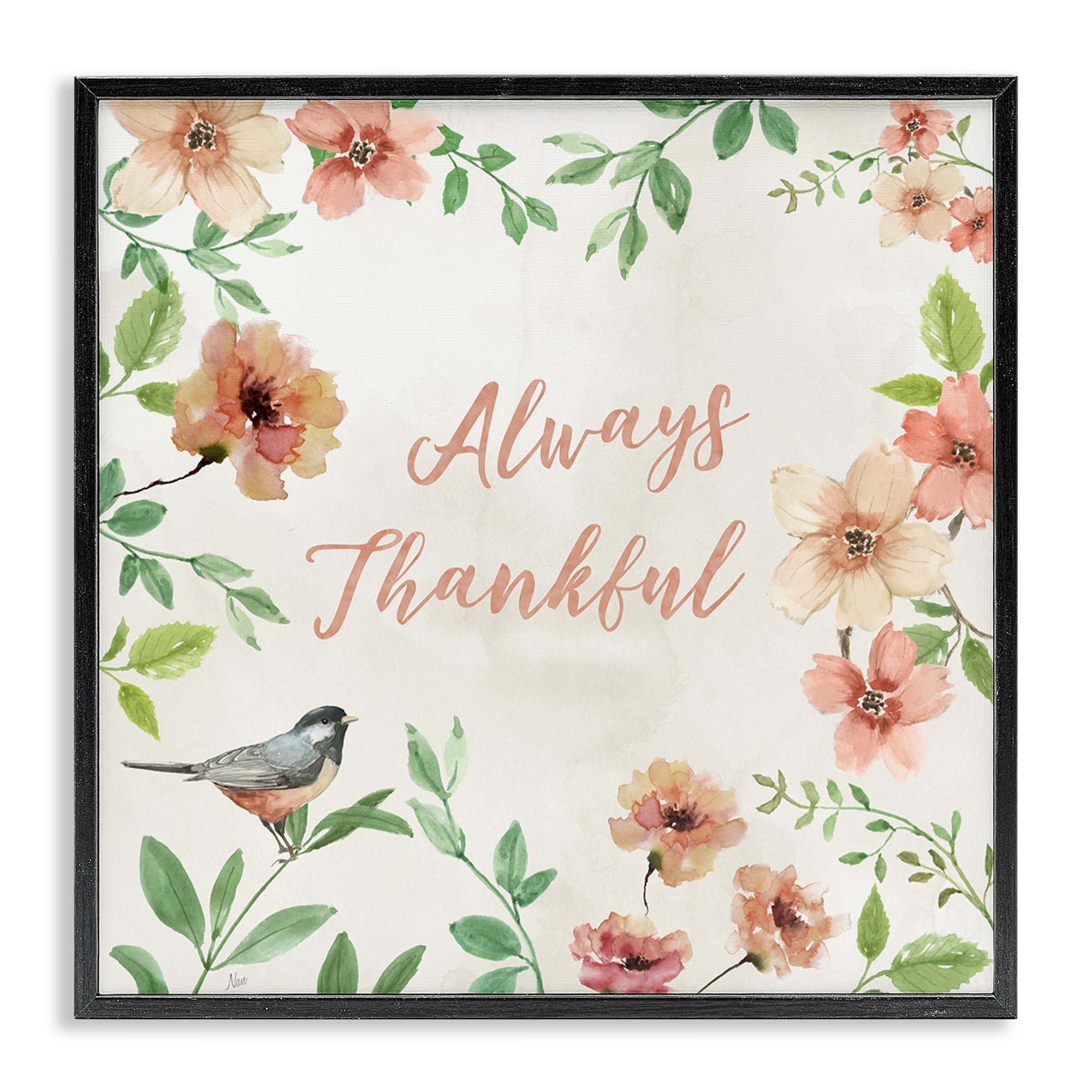 Stupell Industries Always Thankful Floral Botanical & Floral Painting Black Framed Art Print Wall Art, 24 x 24