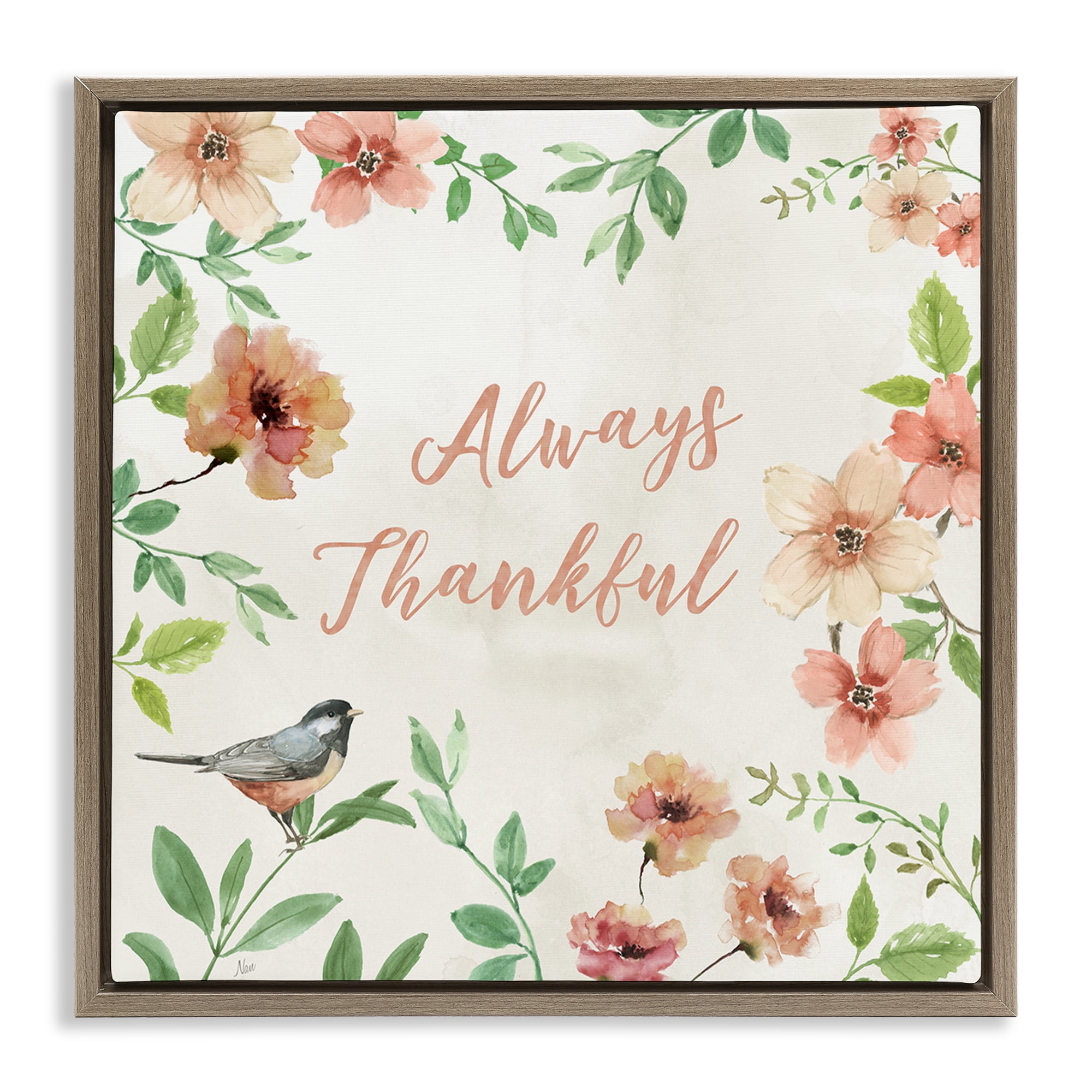 Stupell Industries Always Thankful Floral Botanical & Floral Painting Brown Floater Framed Canvas Art Print Wall Art, 18 x 18