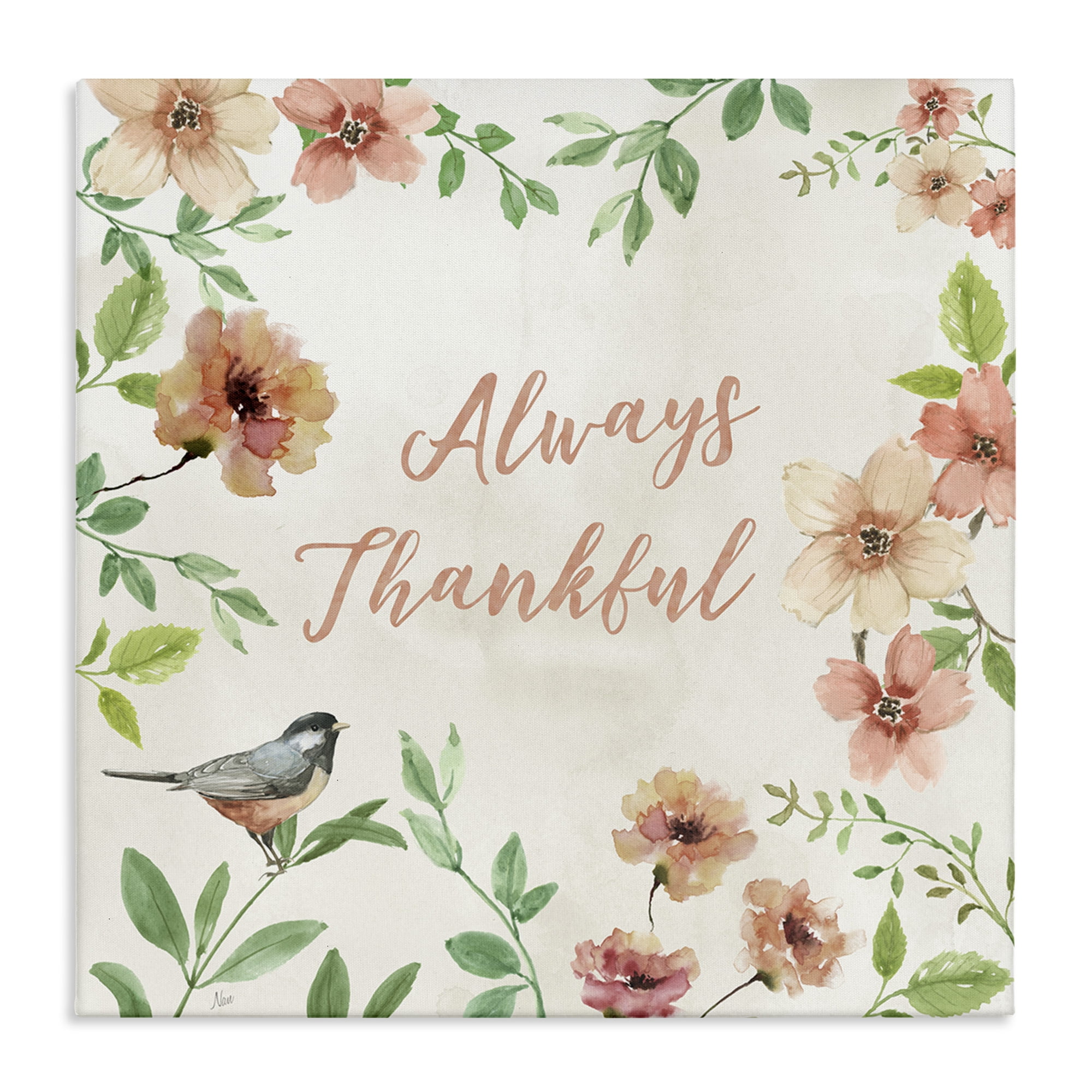 Stupell Industries Always Thankful Floral Botanical & Floral Painting Gallery Wrapped Canvas Art Print Wall Art, 24 x 24