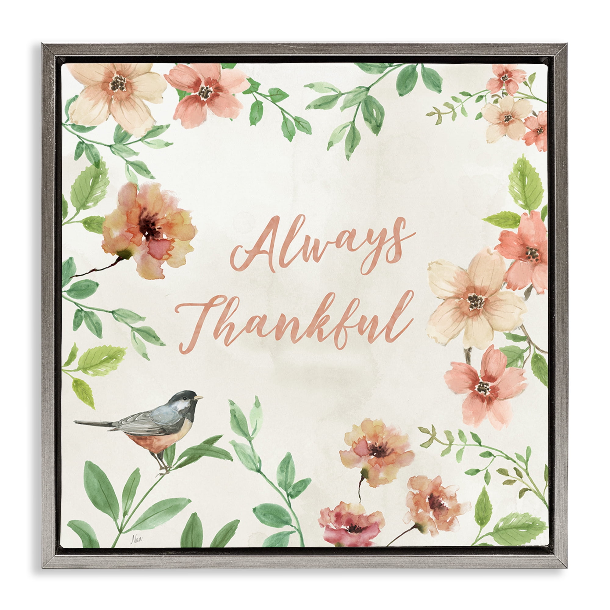 Stupell Industries Always Thankful Floral Botanical & Floral Painting Gray Floater Framed Canvas Art Print Wall Art, 18 x 18