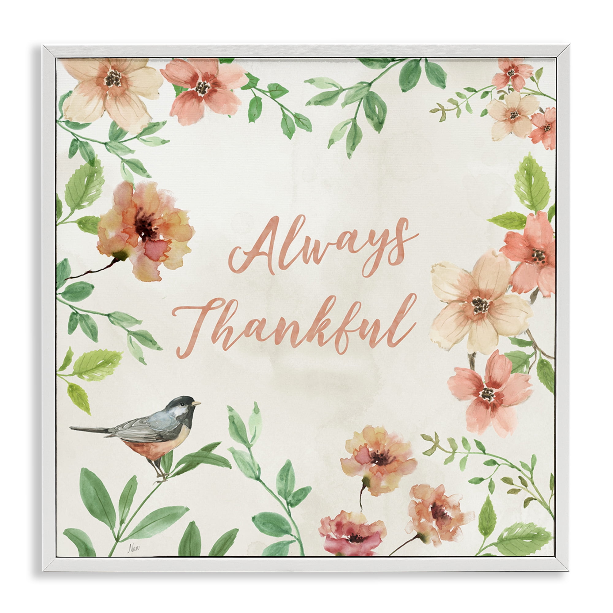 Stupell Industries Always Thankful Floral Botanical & Floral Painting White Framed Art Print Wall Art, 12 x 12