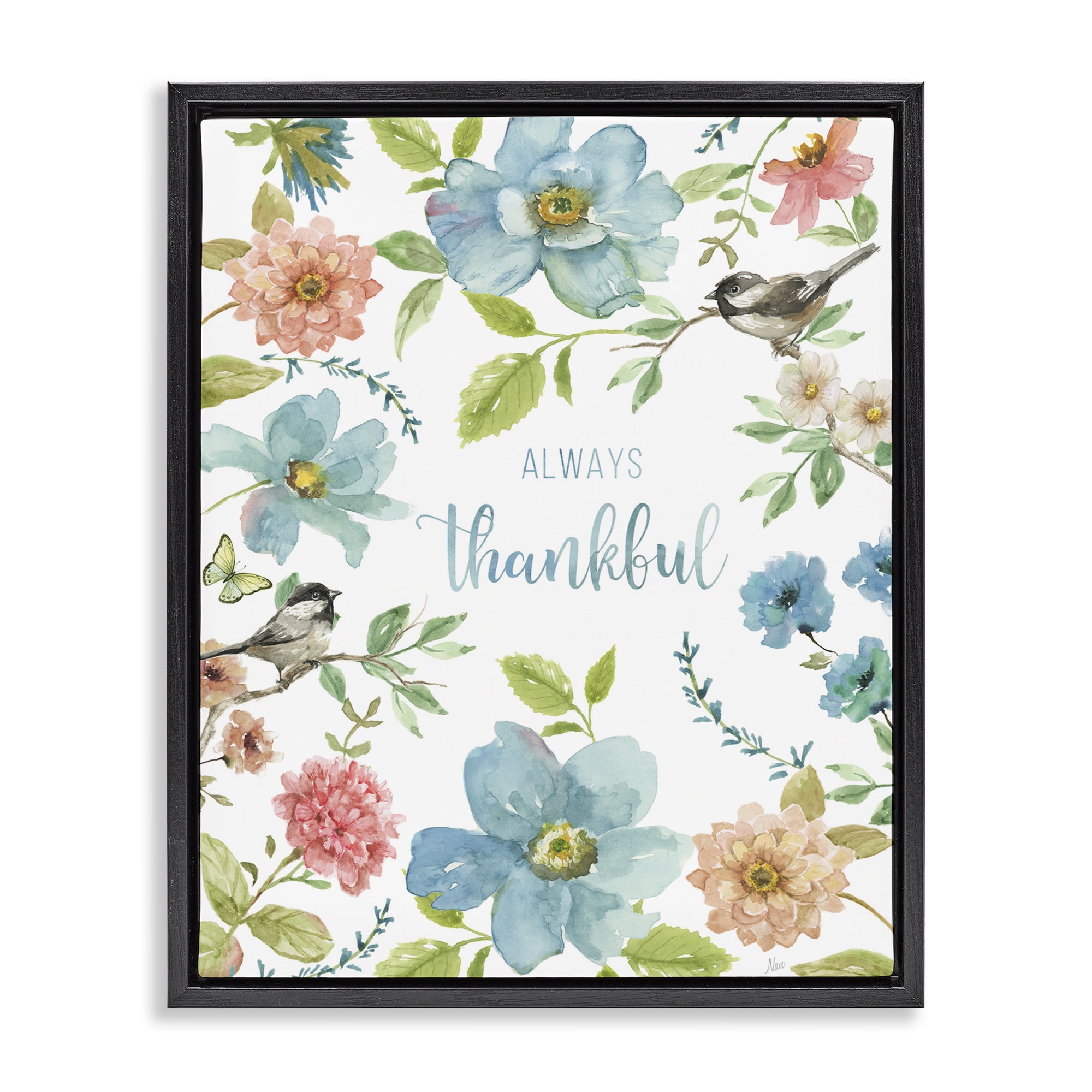 Stupell Industries Always Thankful Pink & Blue Black Framed Floater Canvas Wall Art, design by Nan