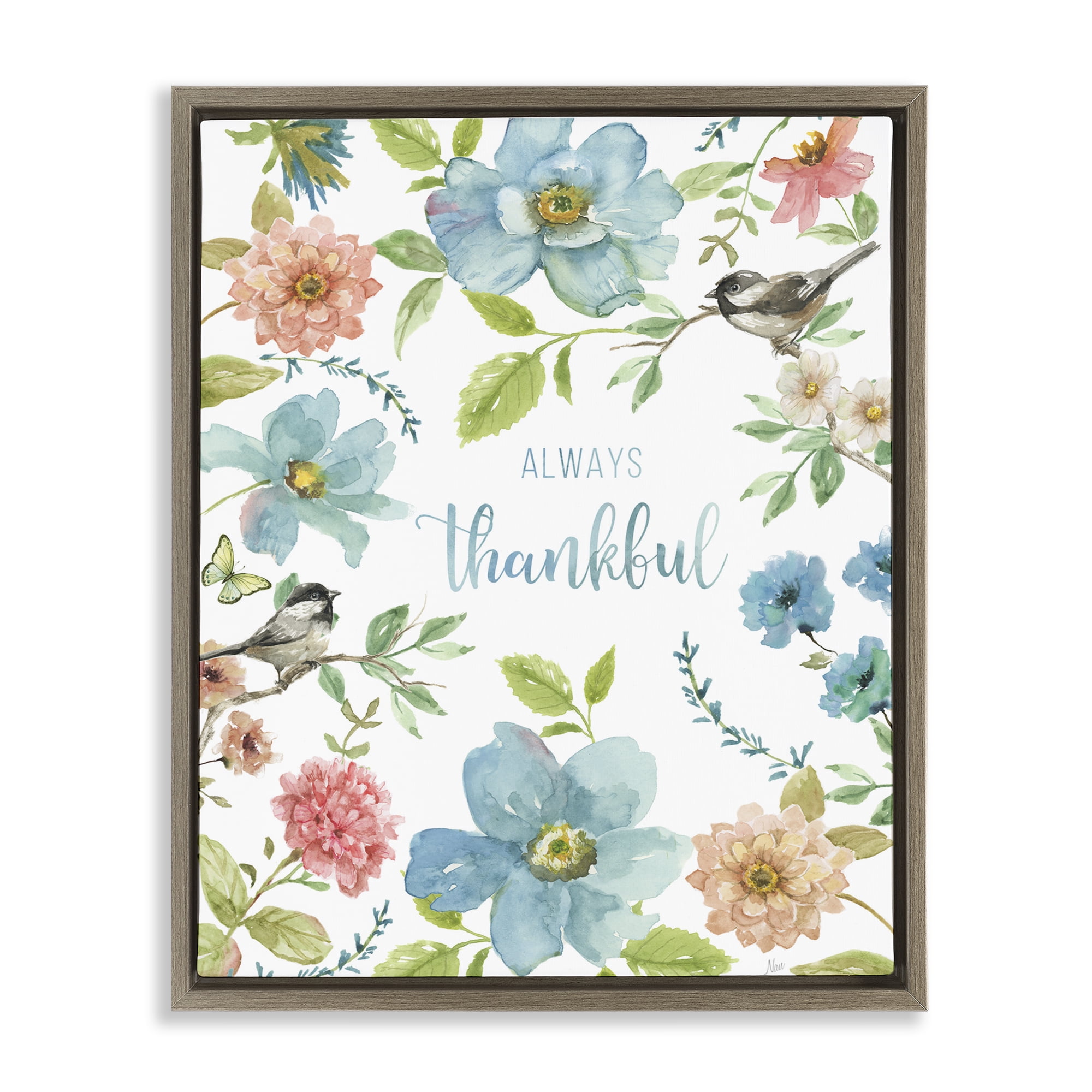 Stupell Industries Always Thankful Pink & Blue Brown Framed Floater Canvas Wall Art, design by Nan
