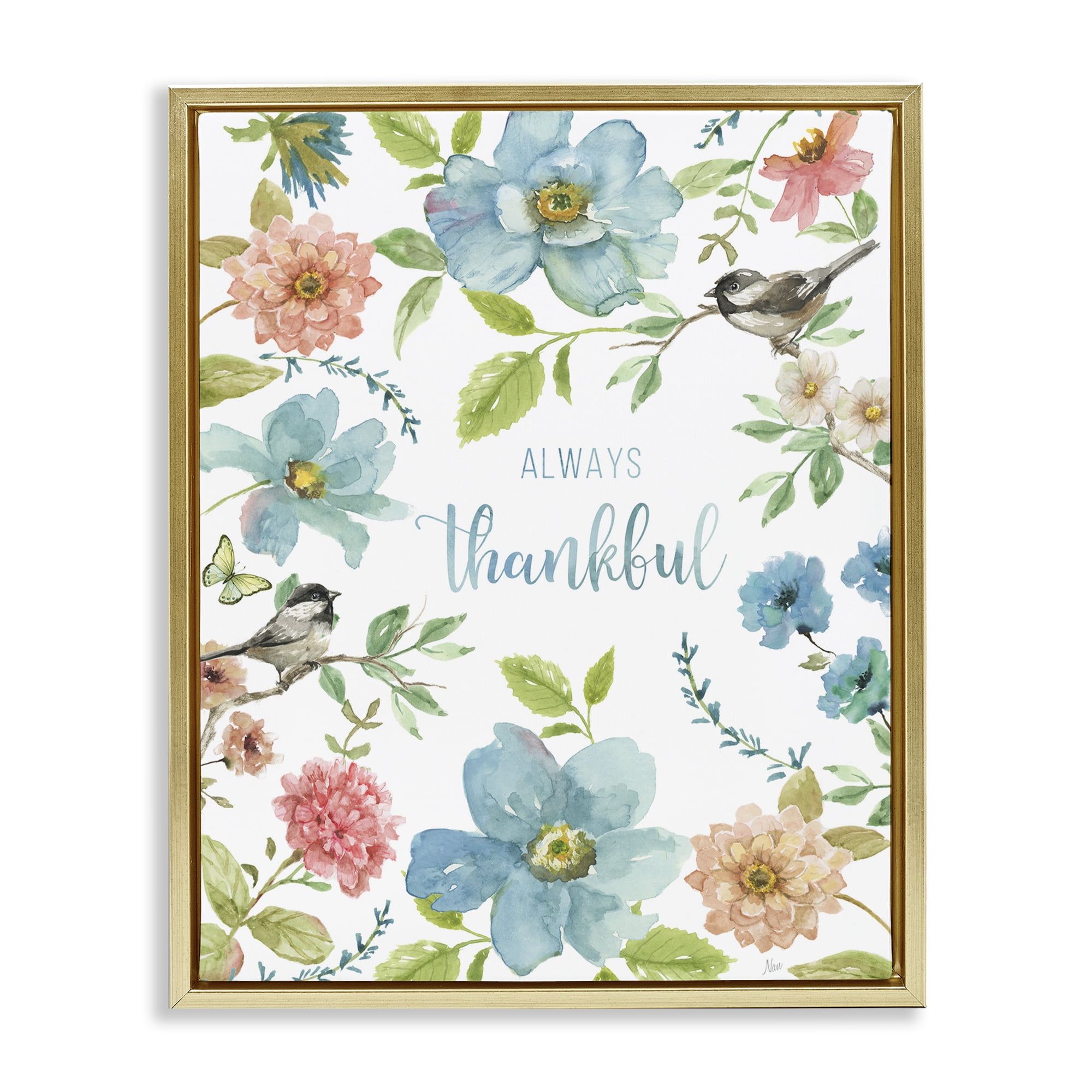 Stupell Industries Always Thankful Pink & Blue Gold Framed Floater Canvas Wall Art, design by Nan